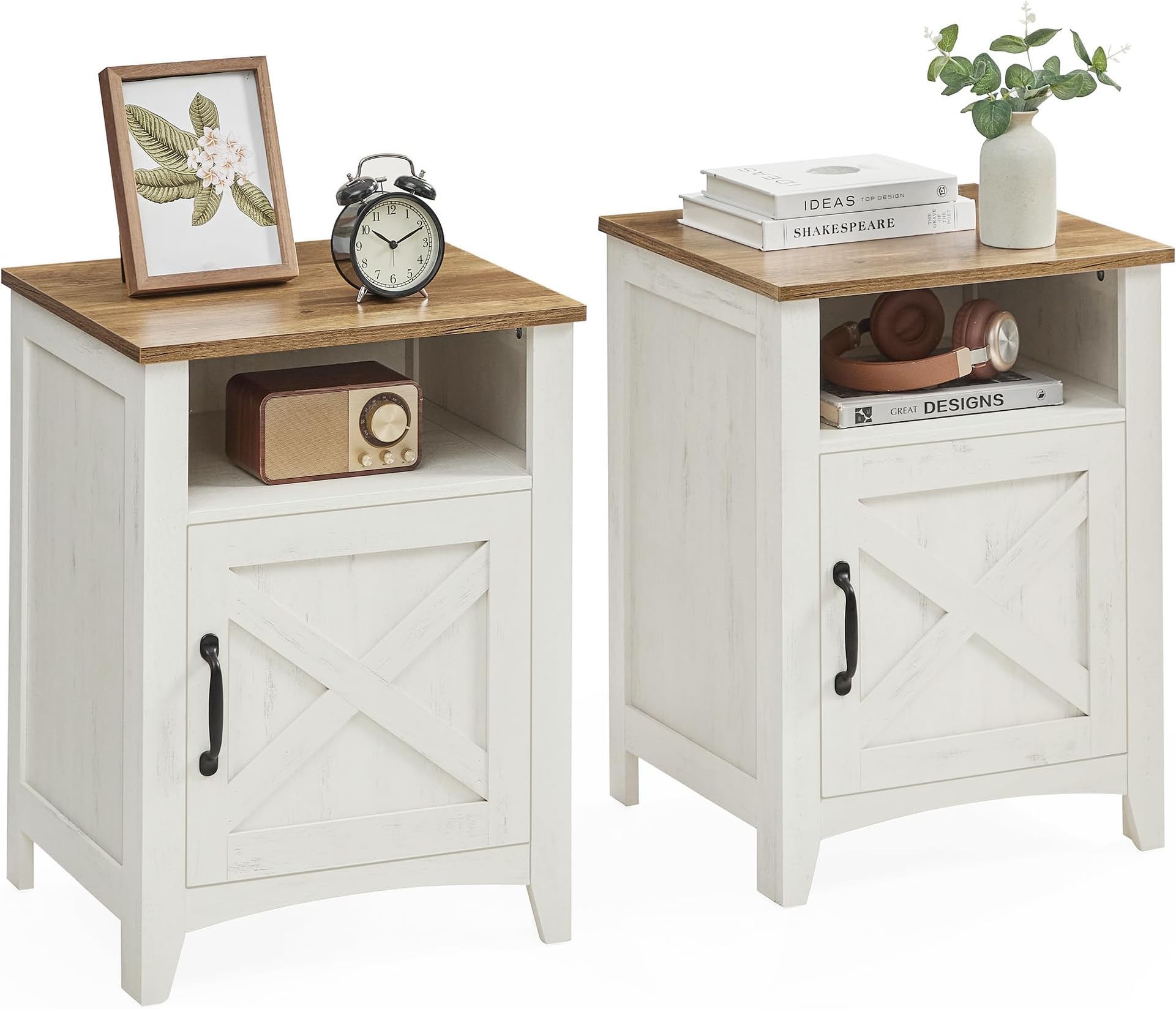 VASAGLE LIRY Collection - Farmhouse Nightstand with Barn Door, Set of 2, Bedside Table with Storage, Side End Table, Night Stand, Open Compartment, for Bedroom, Rustic White and Honey Brown ULET809K41 | with Barn Door, with Storage, Open Compartment, for Bedroom, ULET809K41