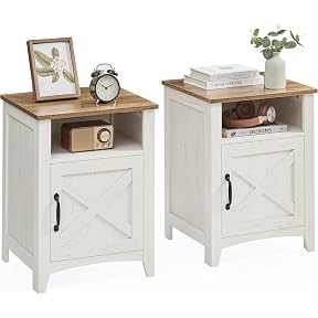 VASAGLE LIRY Collection - Farmhouse Nightstands with Charging Station, Set of 2 Bedside Tables, Side Tables with Drawer, Open Compartment, for Bedroom, Rustic White and Honey Brown ULET859K41