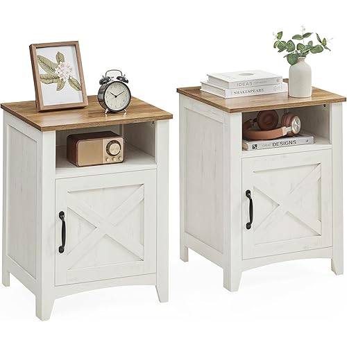 VASAGLE LIRY Collection - Farmhouse Nightstand with Barn Door, Set of 2, Bedside Table with Storage, Side End Table, Night Stand, Open Compartment, for Bedroom, Rustic White and Honey Brown ULET809K41 | with Barn Door, with Storage, Open Compartment, for Bedroom, ULET809K41