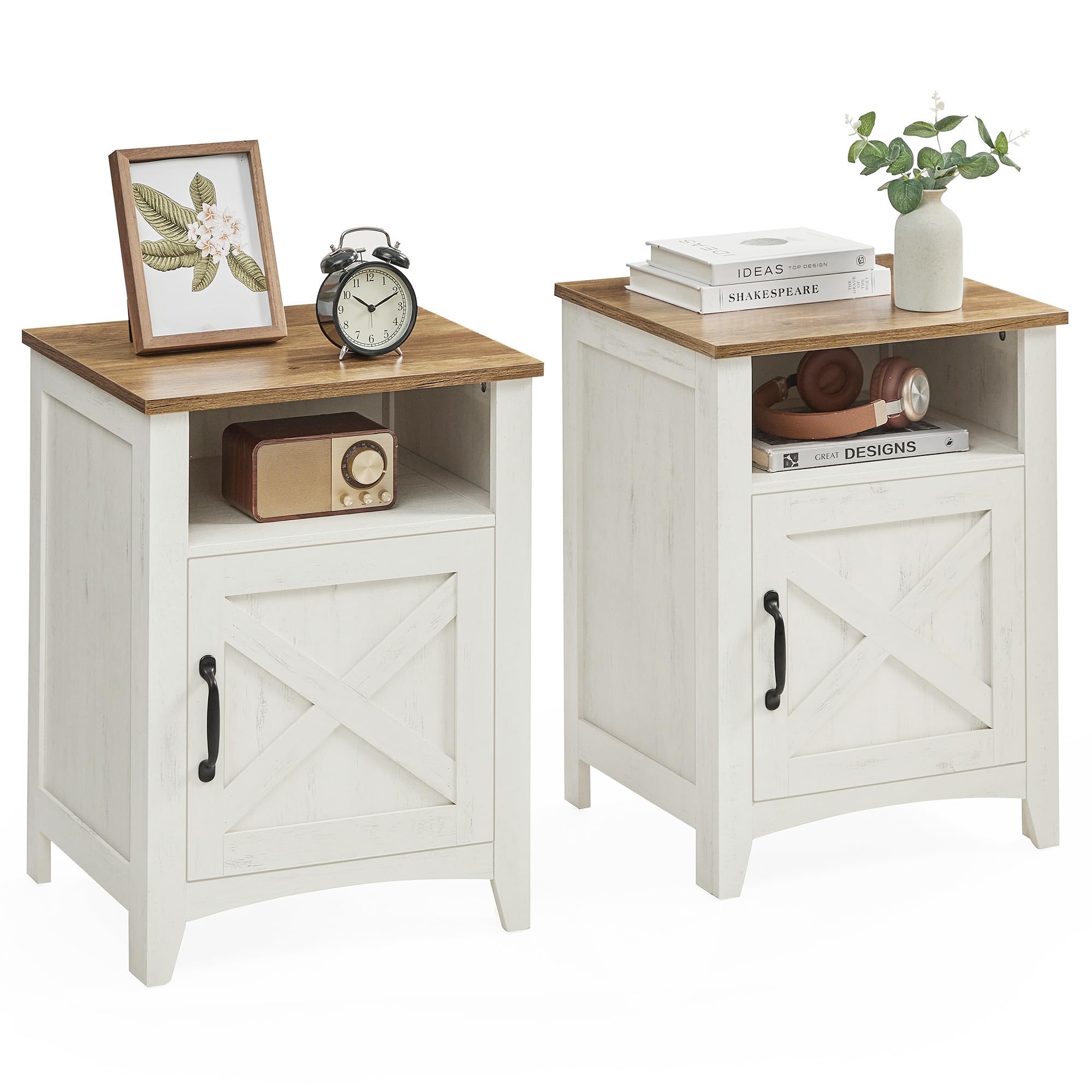 VASAGLE LIRY Collection - Farmhouse Nightstand with Barn Door, Set of 2, Bedside Table with Storage, Side End Table, Night Stand, Open Compartment, for Bedroom, Rustic White and Honey Brown ULET809K41 | with Barn Door, with Storage, Open Compartment, for Bedroom, ULET809K41