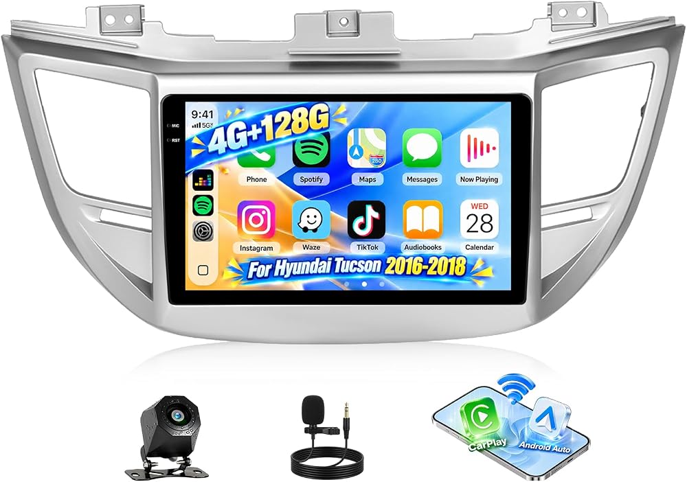 SIXTOP 4G+128G 자동차 라디오, 현대 투싼 2016 2017 2018용, 무선 CarPlay 안드로이드 오토, 안드로이드 15 스테레오 9인치 HD 터치 스크린 5G WiFi GPS 블루투스 5.0 FM/RDS SWC AHD 백업 카메라 — 사진 1