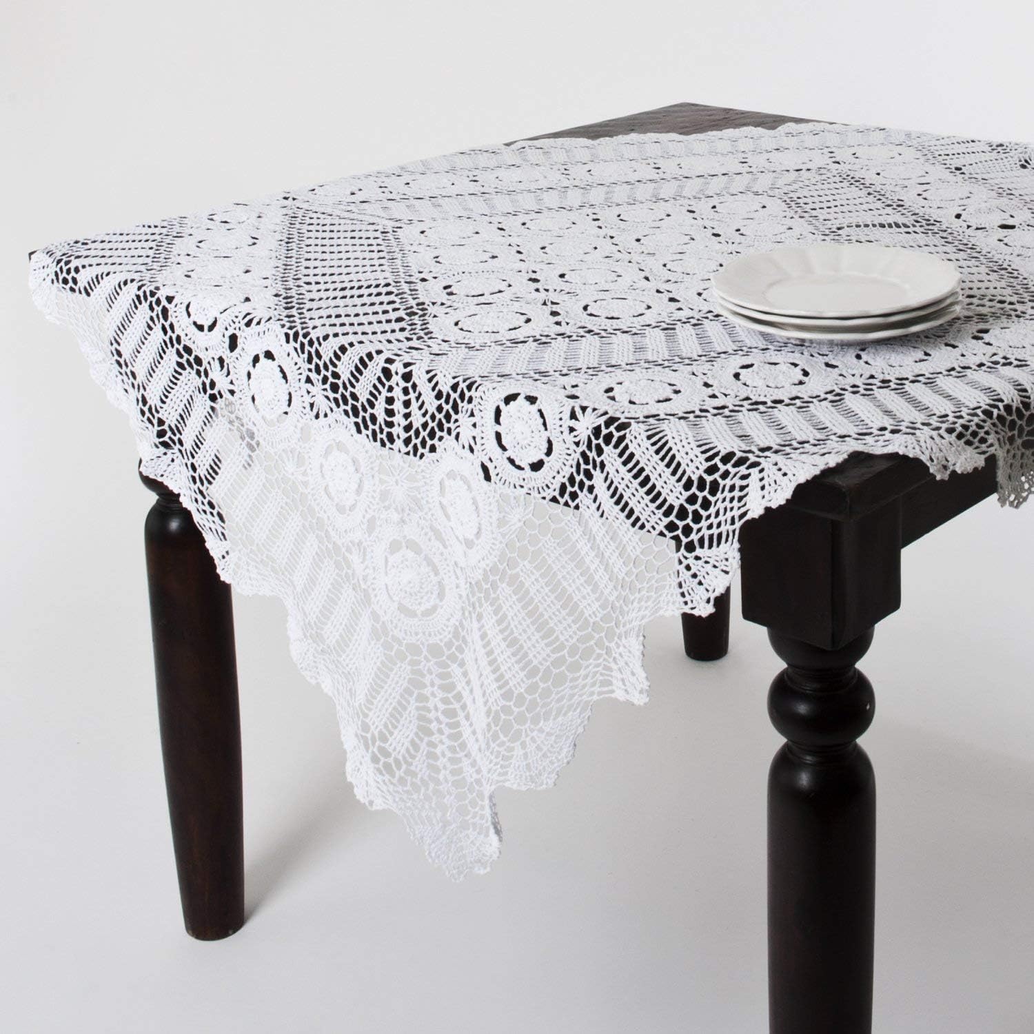 Fennco Styles Handmade Crochet Lace Cotton Tablecloth (16"x54" Table Runner, Ecru)