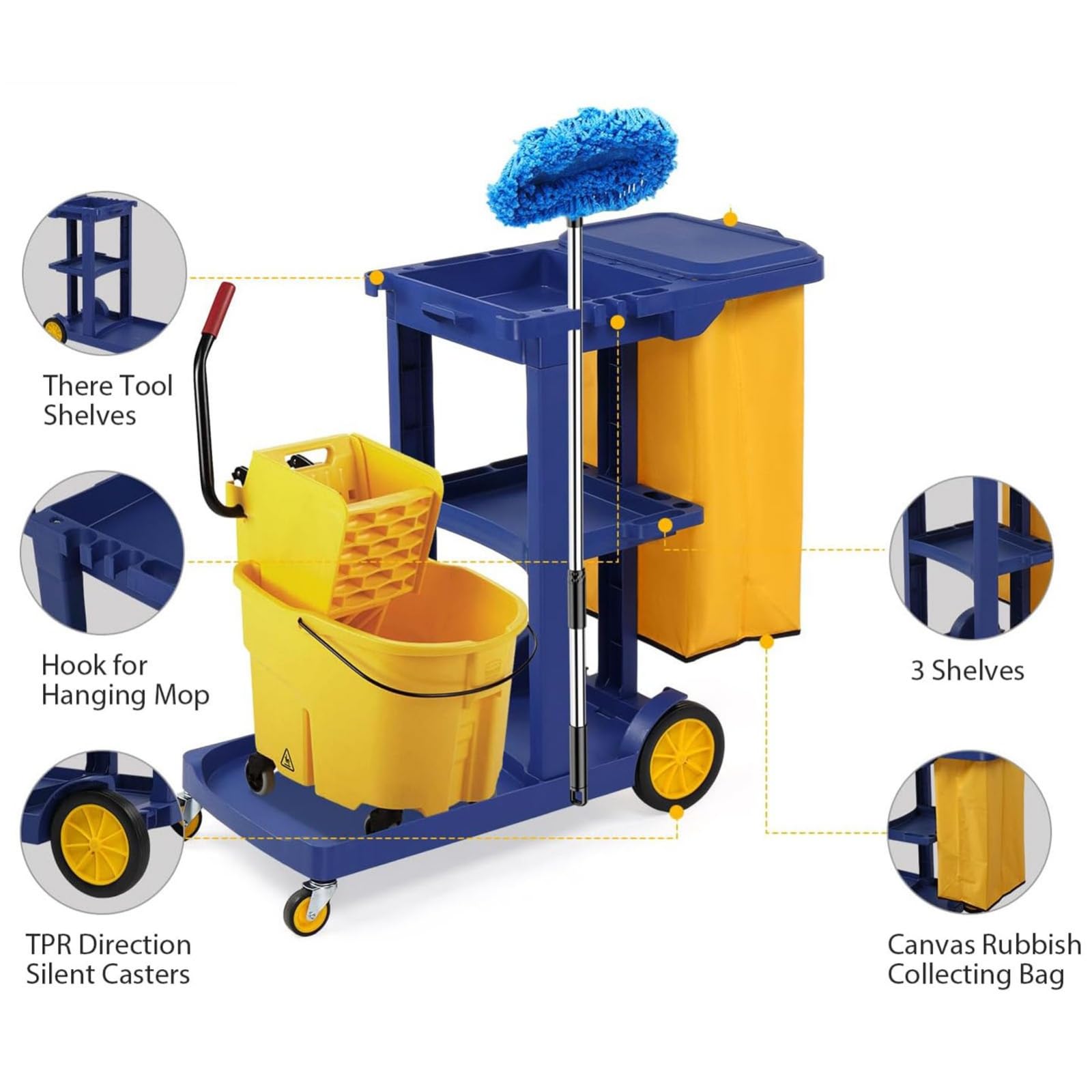 Carrito de limpieza de 3 estantes con bolsa de vinilo amarillo y cubierta, carrito de limpieza con ruedas para limpieza comercial