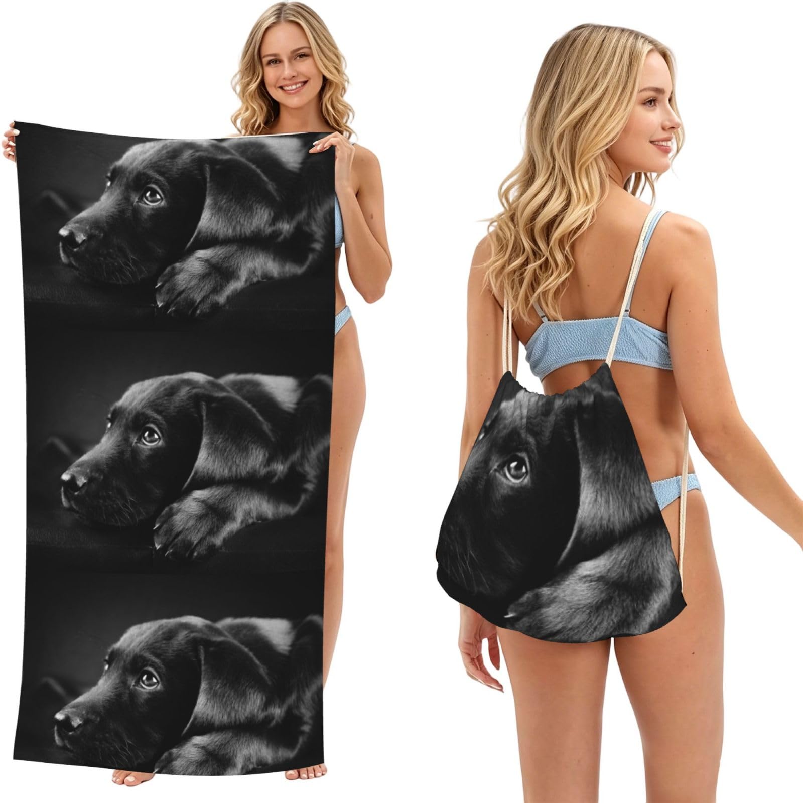 Poadnly As Picture Black Labrador Puppy Art, 2 In 1 Packable Towel Bag, Beach Towels With Drawstring Backpack For Travel Holiday Camping