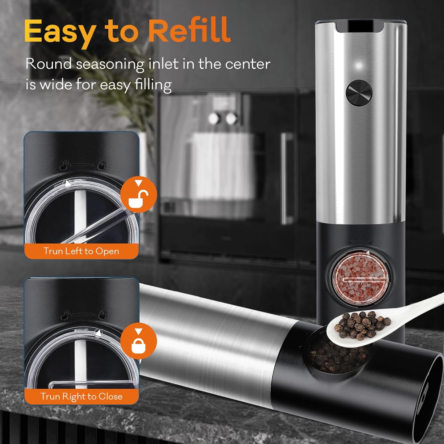 Electric Salt and Pepper Grinder Set with USB Rechargeable Stand, One Handed Operation, No Battery Needed, Automatic Pepper Mill Shakers for Kitchen Restaurant Outdoor, Adjustable Coarseness