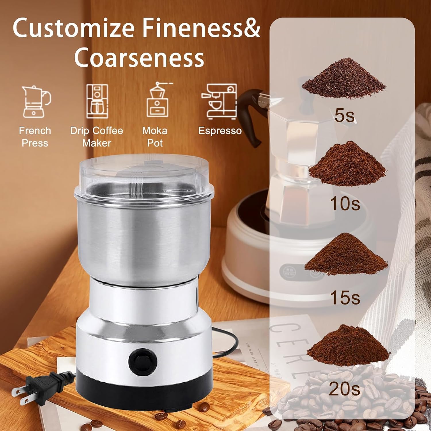 Spice Grinder, 200W Powerful Electric Coffee Bean Grinder with 2 Removable Stainless Steel Bowls, 100g Capacity Large Capacity for Coffee Bean Spices and Seeds