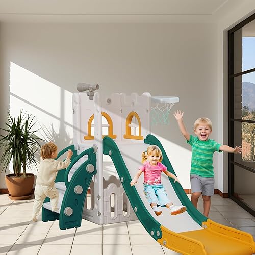 Miniatura 2 de Tobogán 6 en 1 para niños pequeños, escalador deslizante para interiores y exteriores, con aro de baloncesto, almacenamiento y telescopio, tobogán