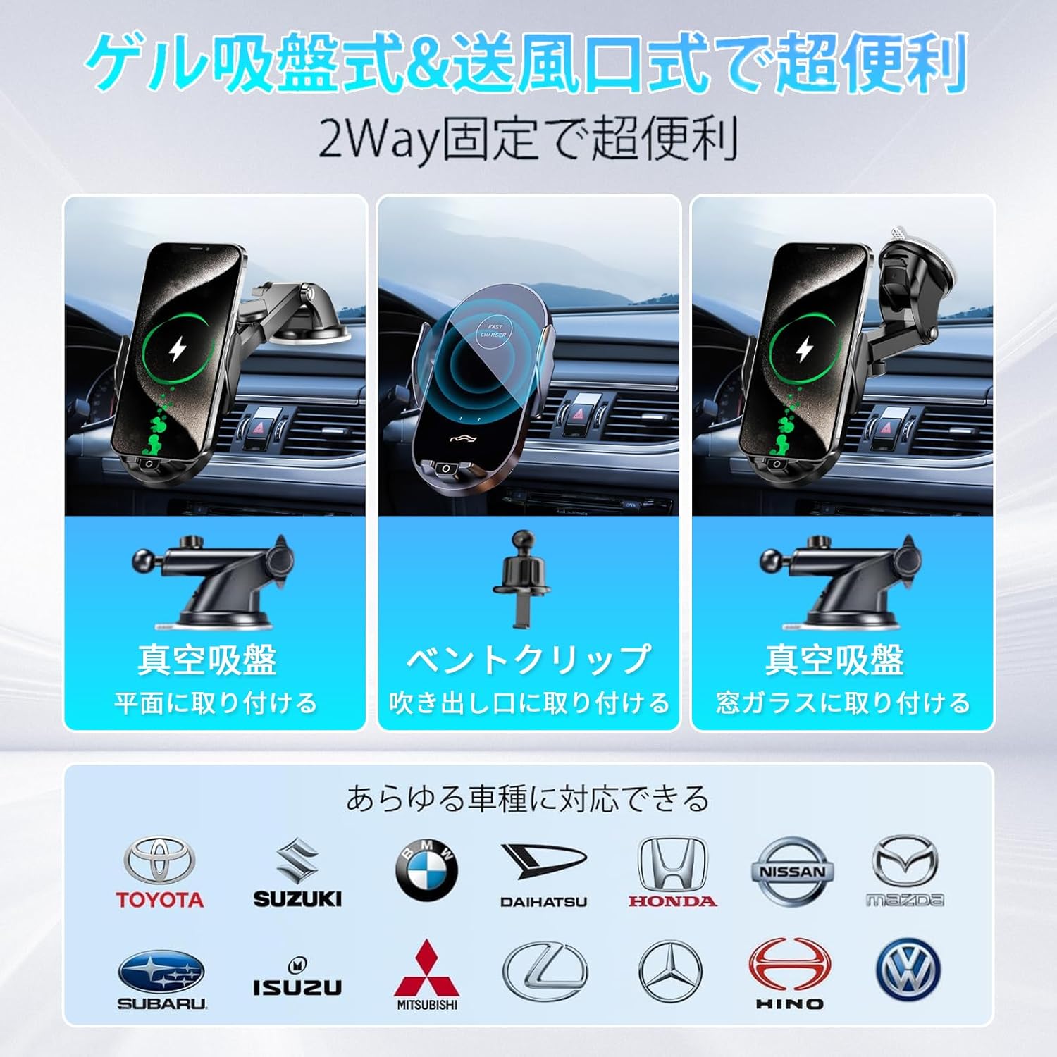 BRJR スマホホルダー 車 スマホスタンド 車【秒で直接充電·360°自由調整·安定性拔群】 15W 急速 自動開閉 車載スマホホルダー ワイヤレス充電 した品質保証 粘着式＆吹き出し口両用 片手操作 取付簡単 iPhone & Android多機種と多車種が対応 日本語説明書付き