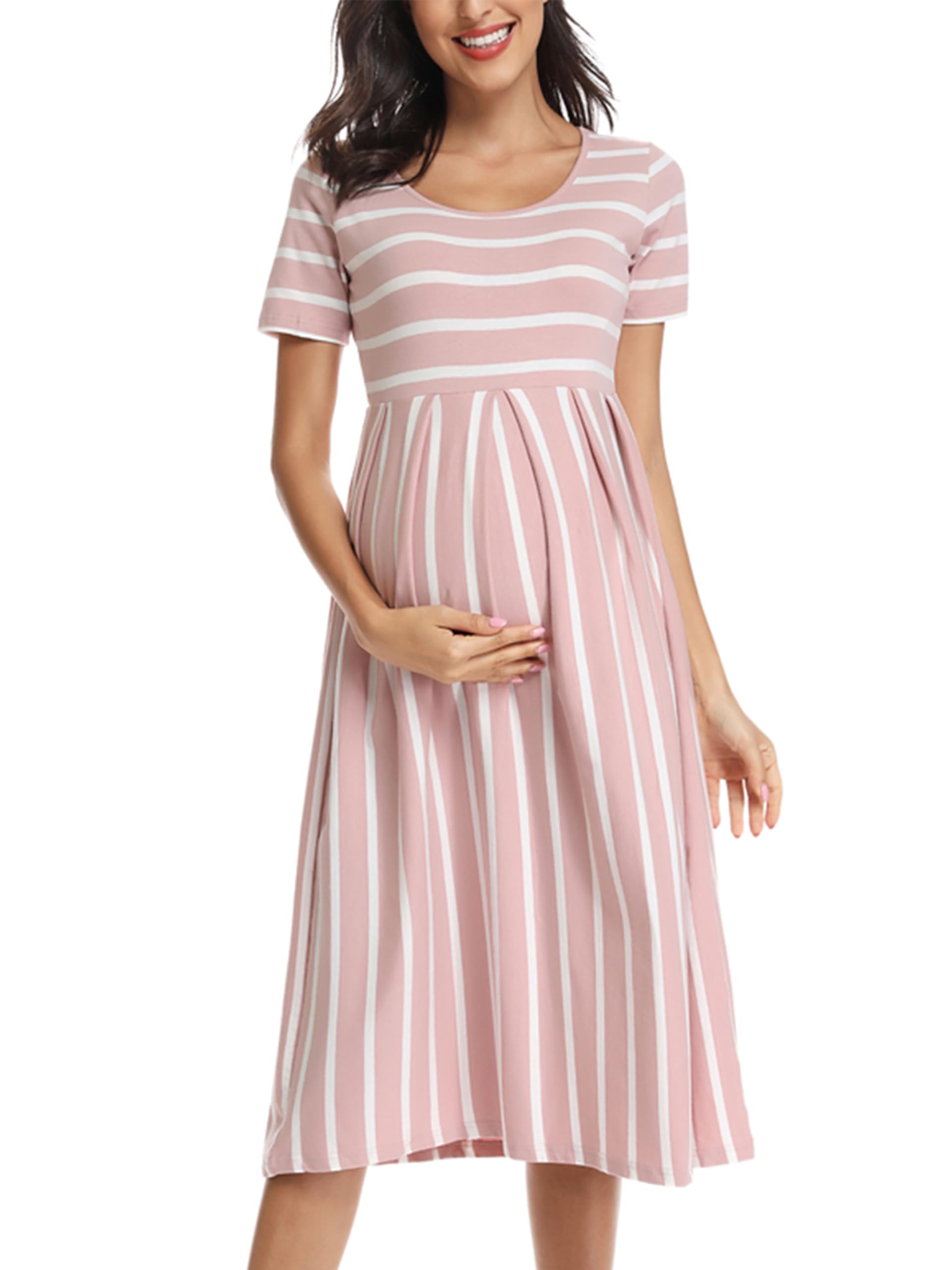 Women’s Casual Striped Maternity Dress Short&3/4 Sleeve Knee Length Pregnancy Clothes for Baby Shower
