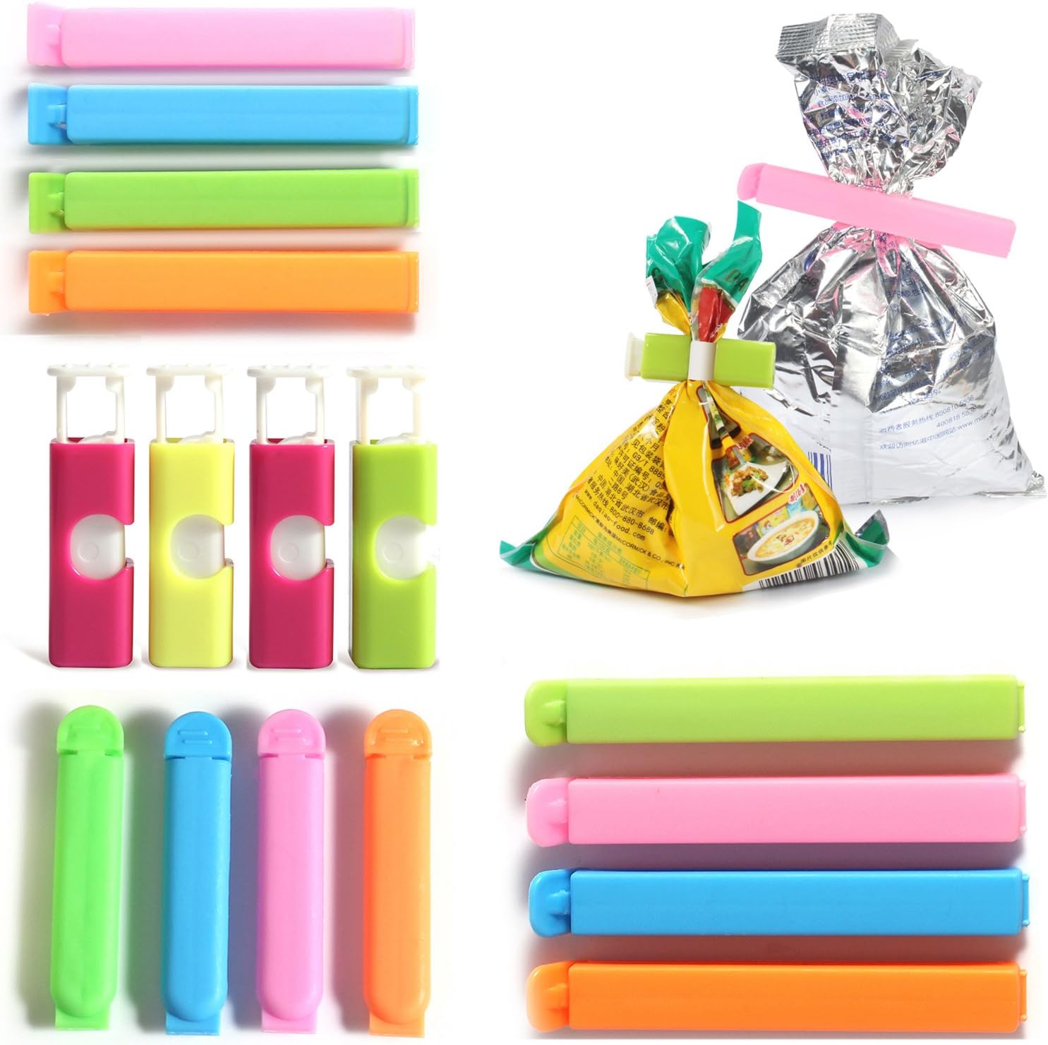 Chip Clips - 16pcs Bag Clips, Plastic Chip Clip, Potato Chip Sealing Clips, Kitchen Usage Sealing Clip for Bread, Snack, Coffee, Opened and Leftover Food, Fruit Bags - Assorted Sizes and Colors