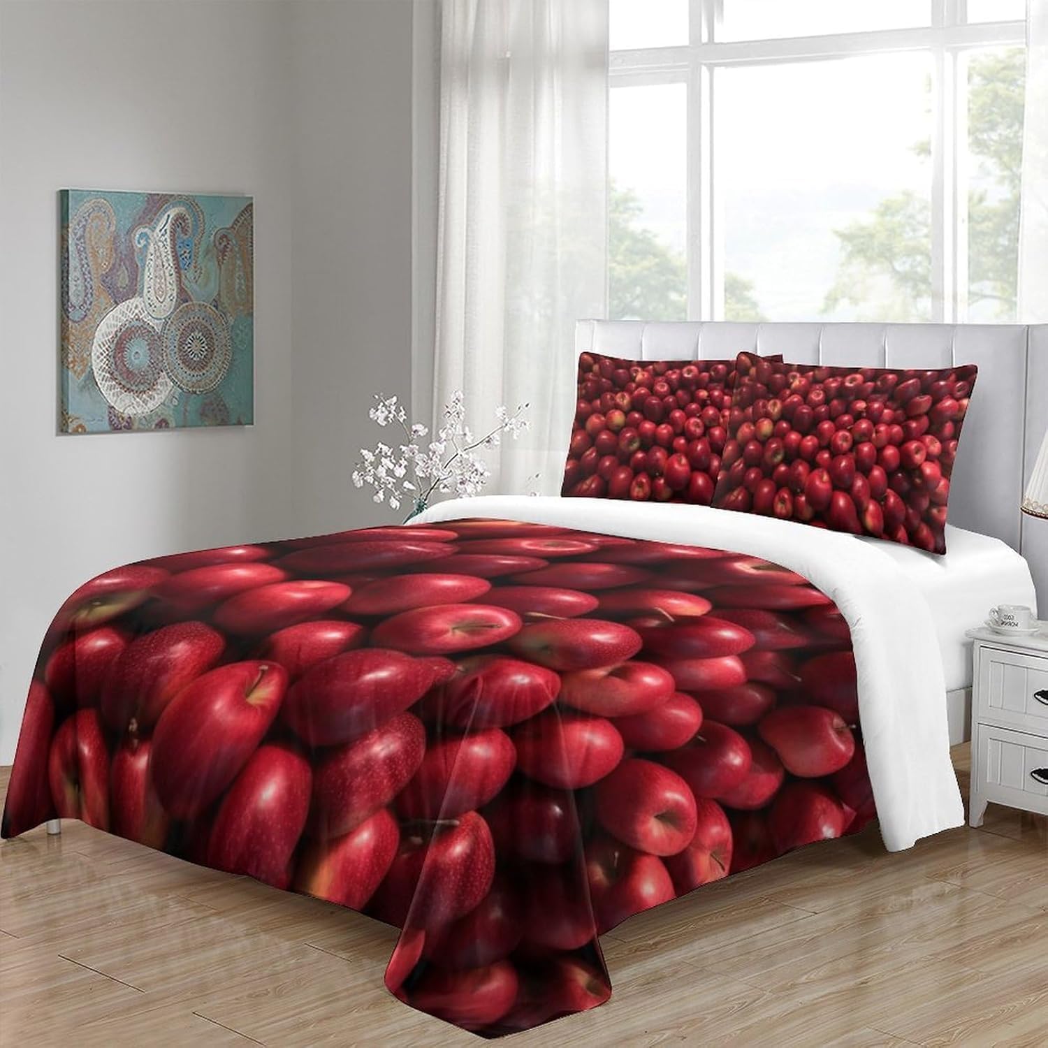 Komplet pościeli 220 x 240 cm, czerwone jabłko, miękka pościel z mikrofibry, druk 3D, owoce, 3-częściowy, poszwa na kołdrę z zamkiem błyskawicznym i 2 poszewki na poduszkę 80 x 80 cm, f.4392