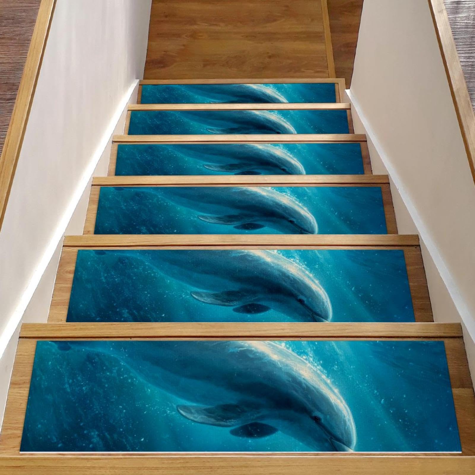 Marches d'escalier antidérapantes (lot de 15) en bois intérieur au motif dauphin bleu