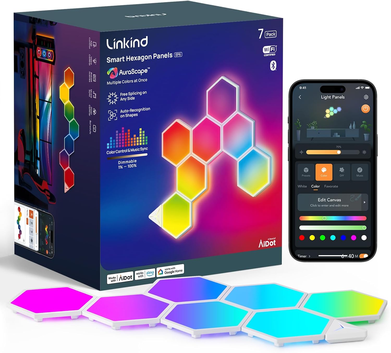 Linkind Smart Hexagon Lights, RGB LED Wall Light Panels with Music Sync, Gaming Light Compatible with Alexa and Google Home, DIY Wall Decor for Gaming Room, Home Theater, Bedroom, 7 Pack