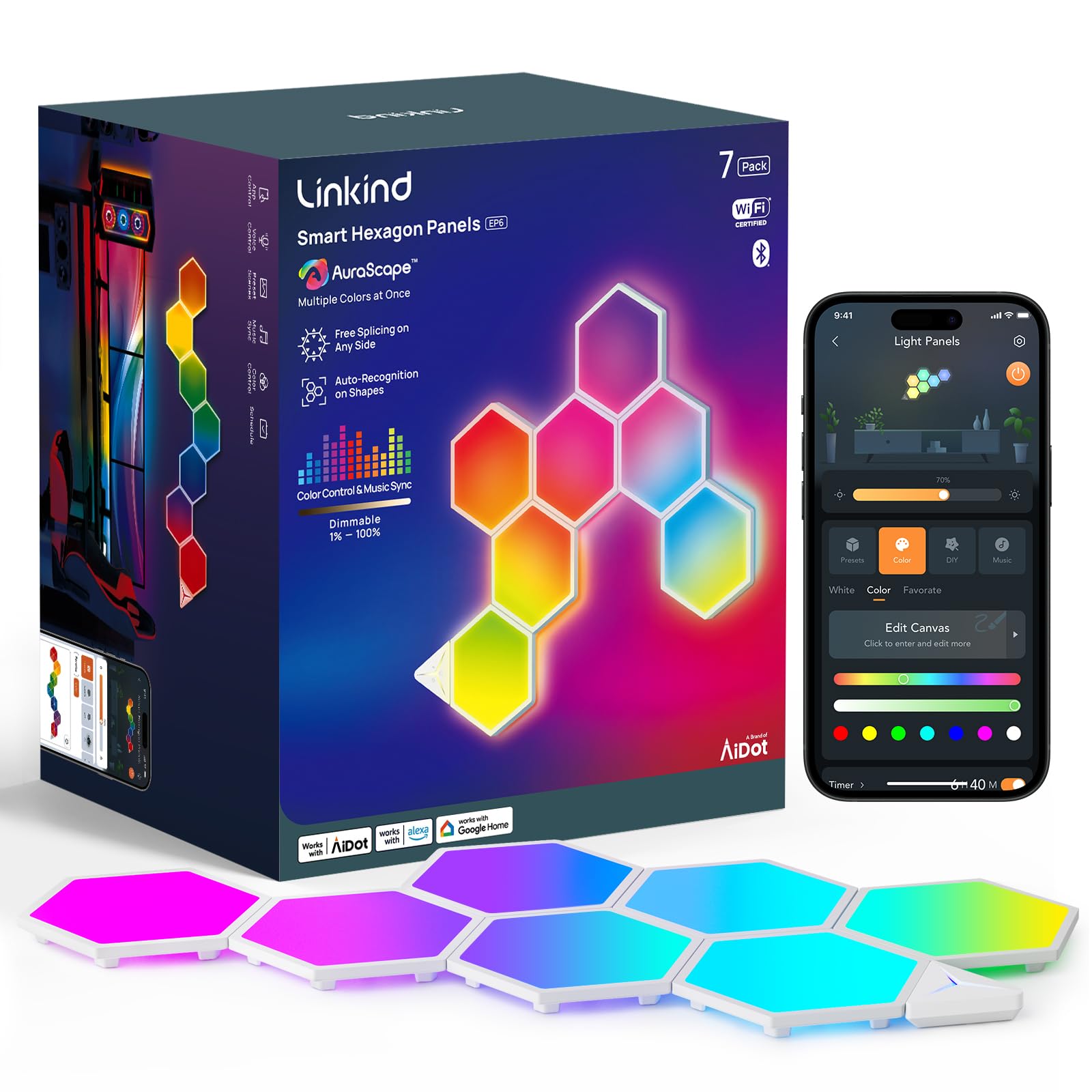 Linkind Smart Hexagon Lights RGB LED Wall Light Panels with Music Sync Gaming Light Compatible with Alexa and