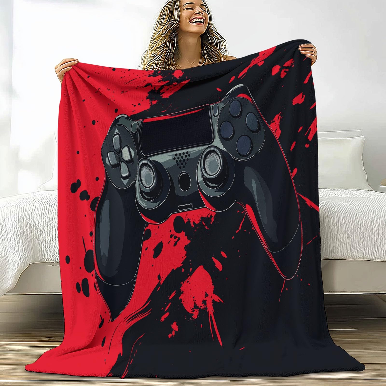Coperta con stampa controller con videogiochi, 180 x 200 cm, in morbido pile rosso, comoda e leggera, in flanella felpata, per letto, divano, perfetta per adulti e bambini, decorazione per la casa e