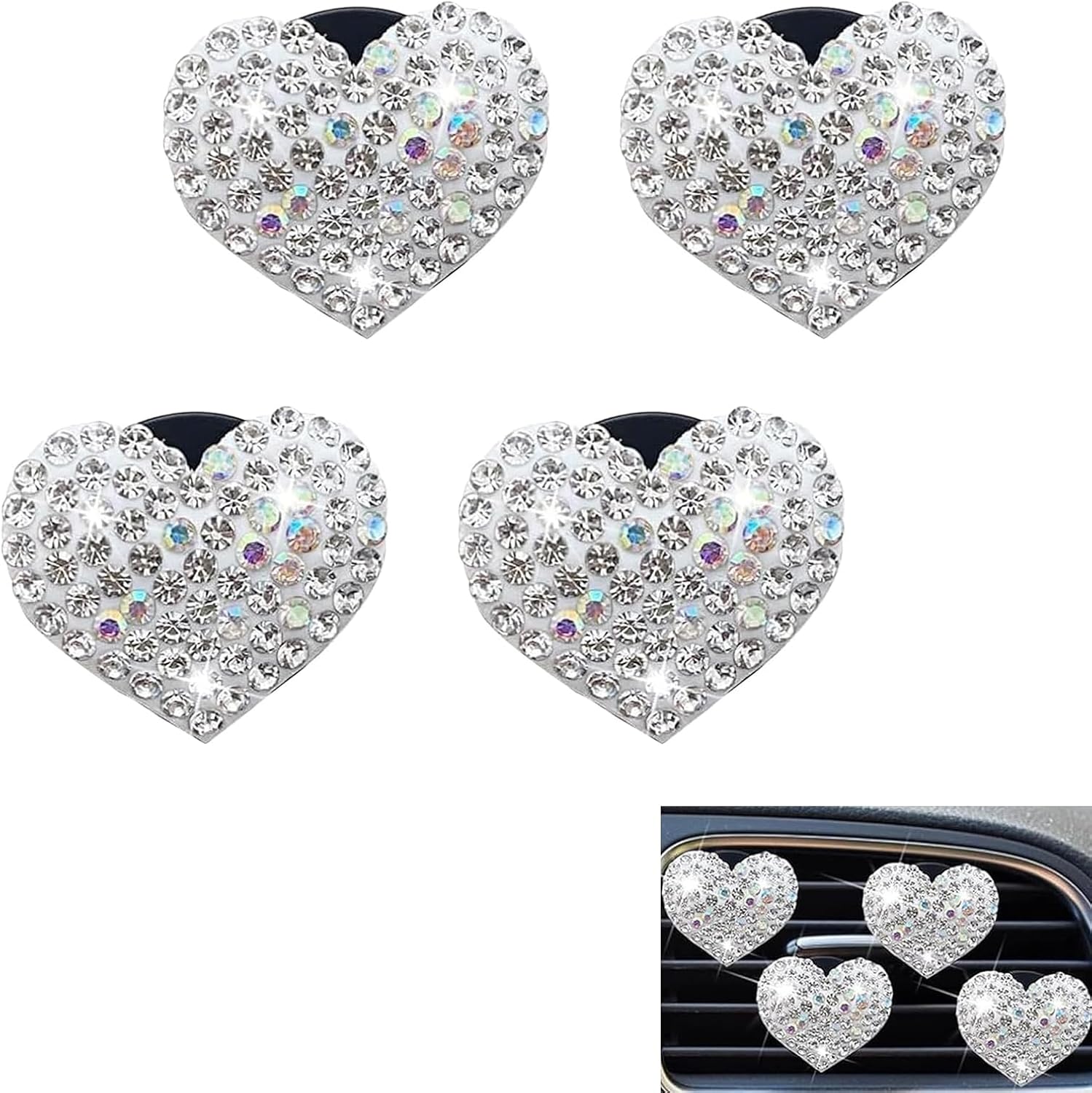 4PCS Bling Heart Air Vent Clips, Sparkling Crystal Heart Shaped Car Air Vent Clips, Rhinestone AC Outlet Clip Charms, Universal Car Interior Decorative Accessories for Women Girls(White)