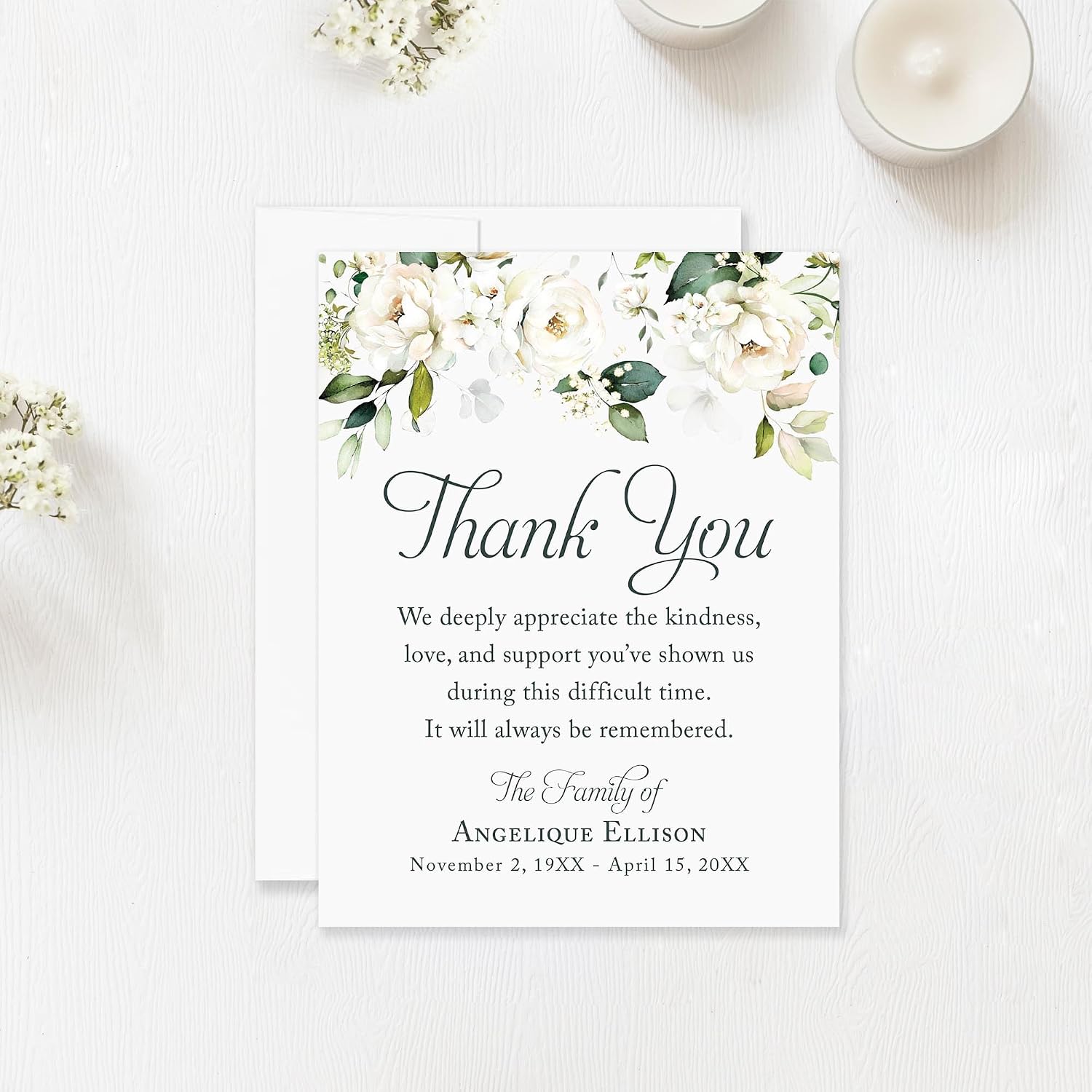 White Floral and Greenery Sympathy Acknowledgement Cards, Funeral Thank You Cards, 4.25x5.5 Memorial Bereavement Notes with Envelopes