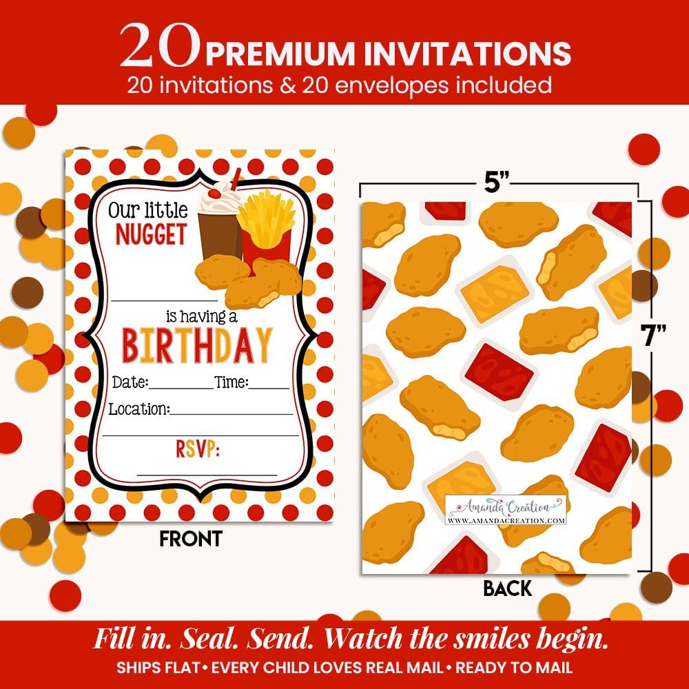 Amanda Creation Our Little Nugget Birthday Party Invitations - 20 Fill-In Cards Chicken Nugget Themed Birthday Invites with Twenty White Envelopes for Kids - 5x7 Double Sided Cards