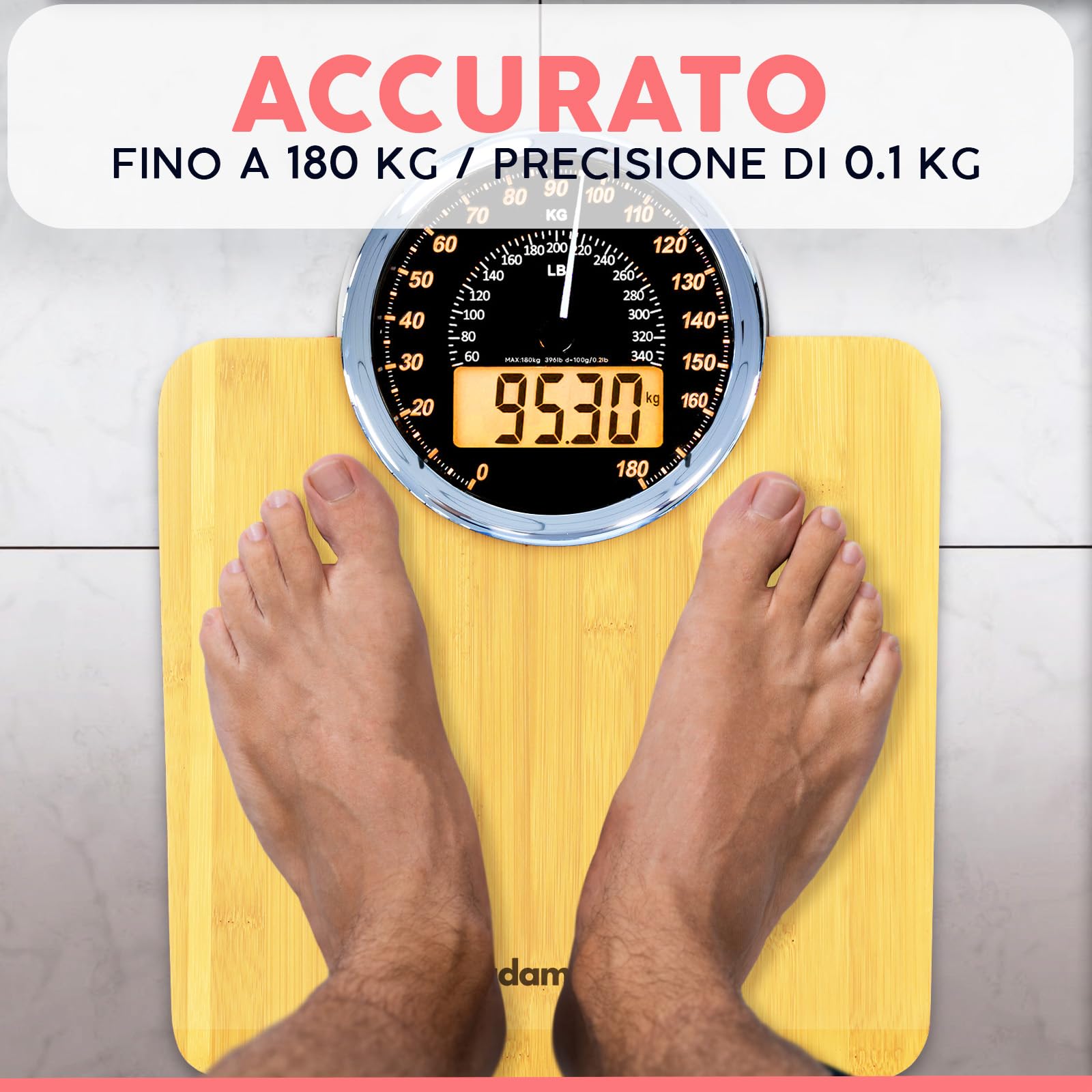 Hybrid Bilancia Pesapersone - Analogica & Digitale, Precisa fino a 180 kg | Leggete il peso su quadrante analogico e LCD insieme. Piattaforma larga, 3 batterie AAA incluse, pronta all'uso.