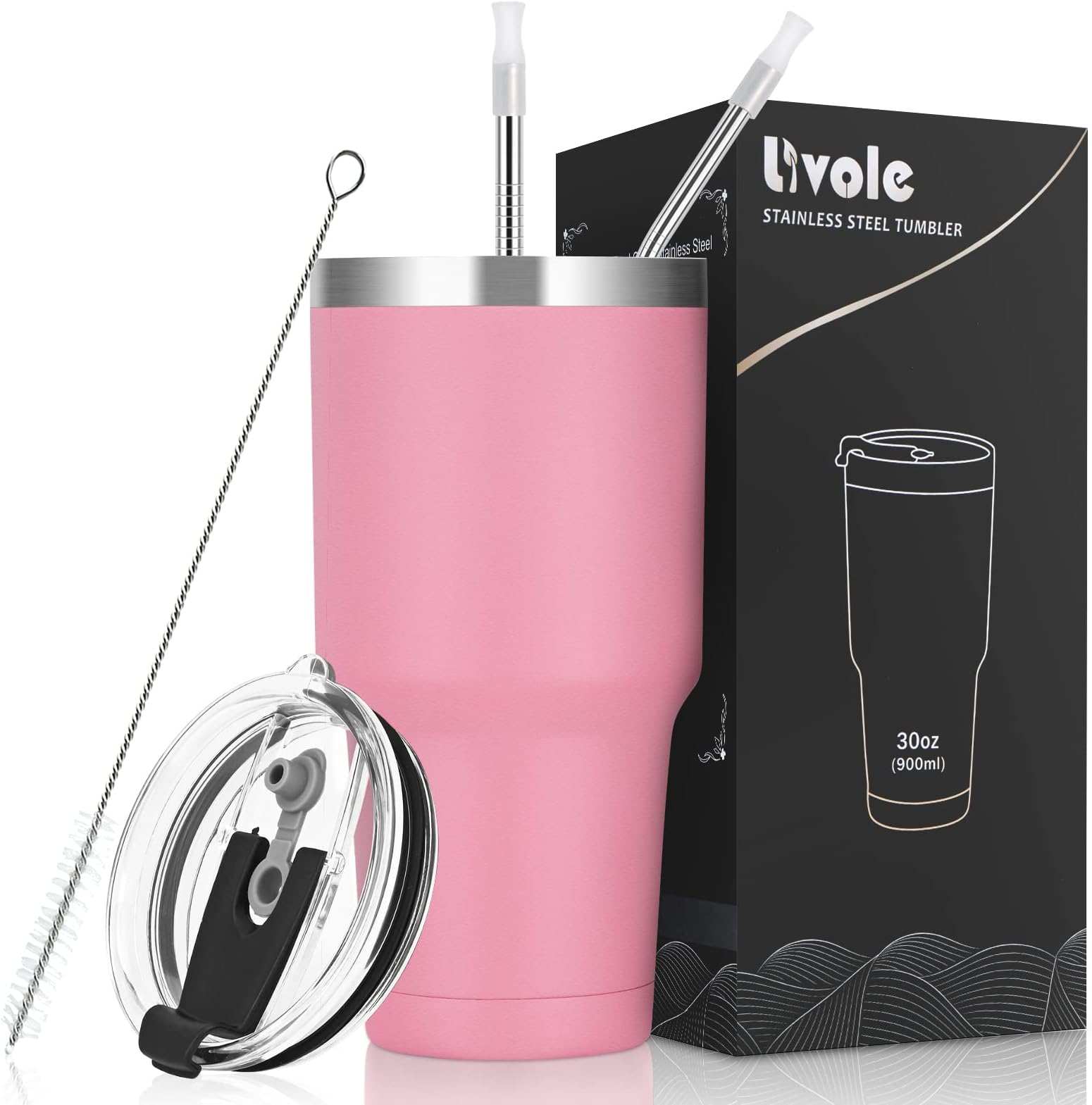 Livole 30Oz Stainless Steel Travel Mug, 900ml Insulated Tumbler with 2 Straws and 2 Lids, Double Walled Vacuum Travel Tumbler, Reusable Coffee Cup for Hot & Cold Drinks, Leakproof, BPA-Free, Pink