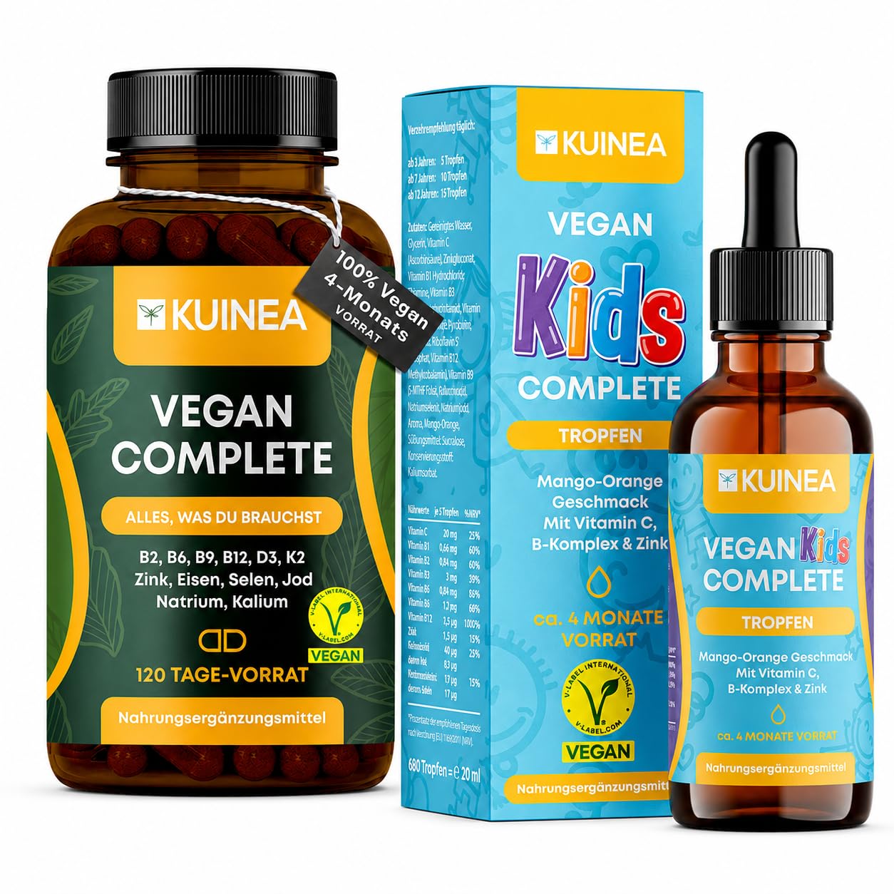 KUINEA Vegan Complete Familien-Bundle – Vitamin B12 Vegan 120 Kapseln + Vitamine für Kinder ab 3 Jahren Tropfen 20 ml – mit B-Vitaminen, D3, K2, Eisen, Zink, Jod & Selen