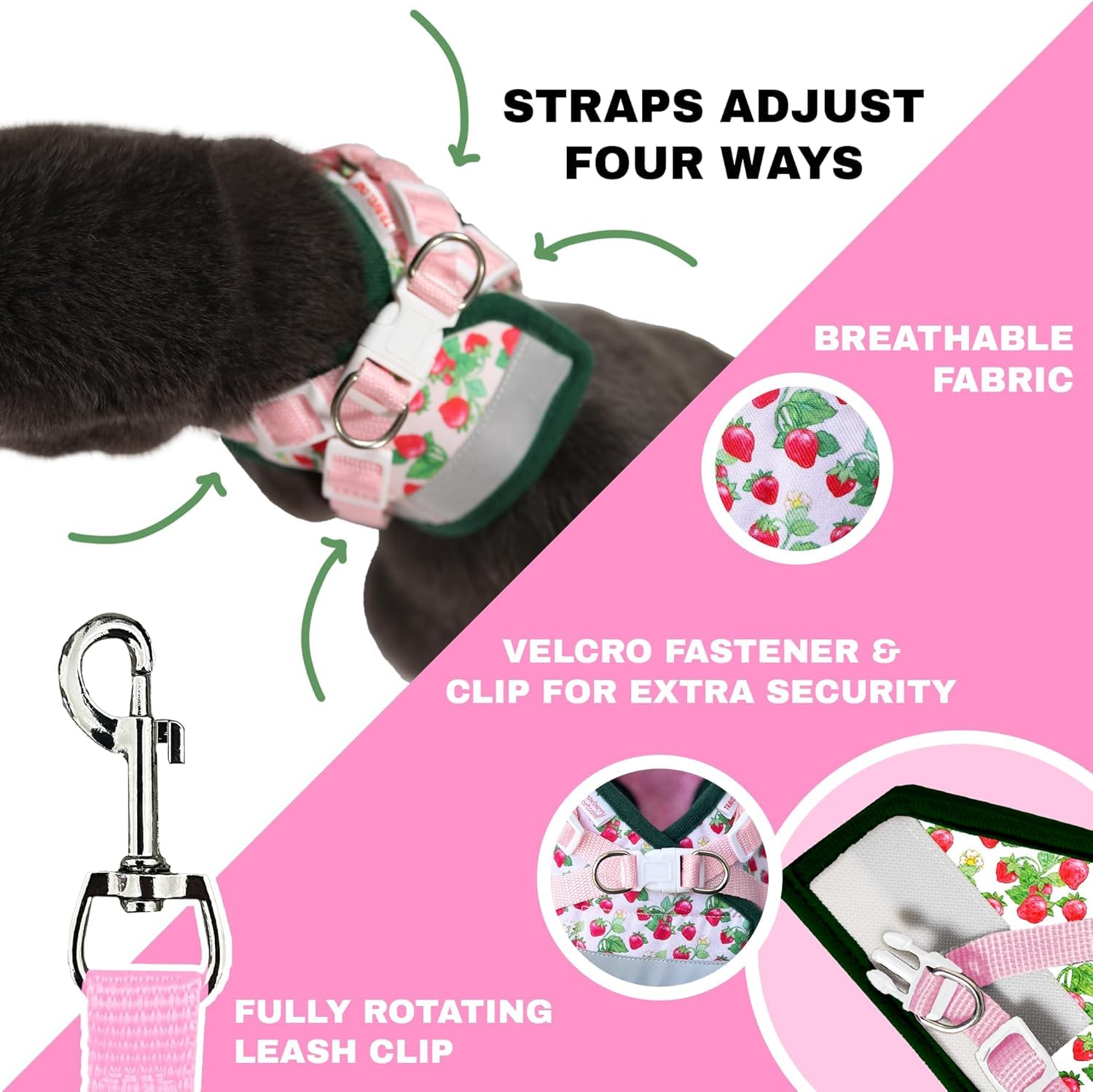 Travel Cat Set di pettorina e guinzaglio con motivo fragole, regolabile, in rete, con cinghia riflettente, per gatti, gattini, per attività all'aperto (torta alla fragola, grande)