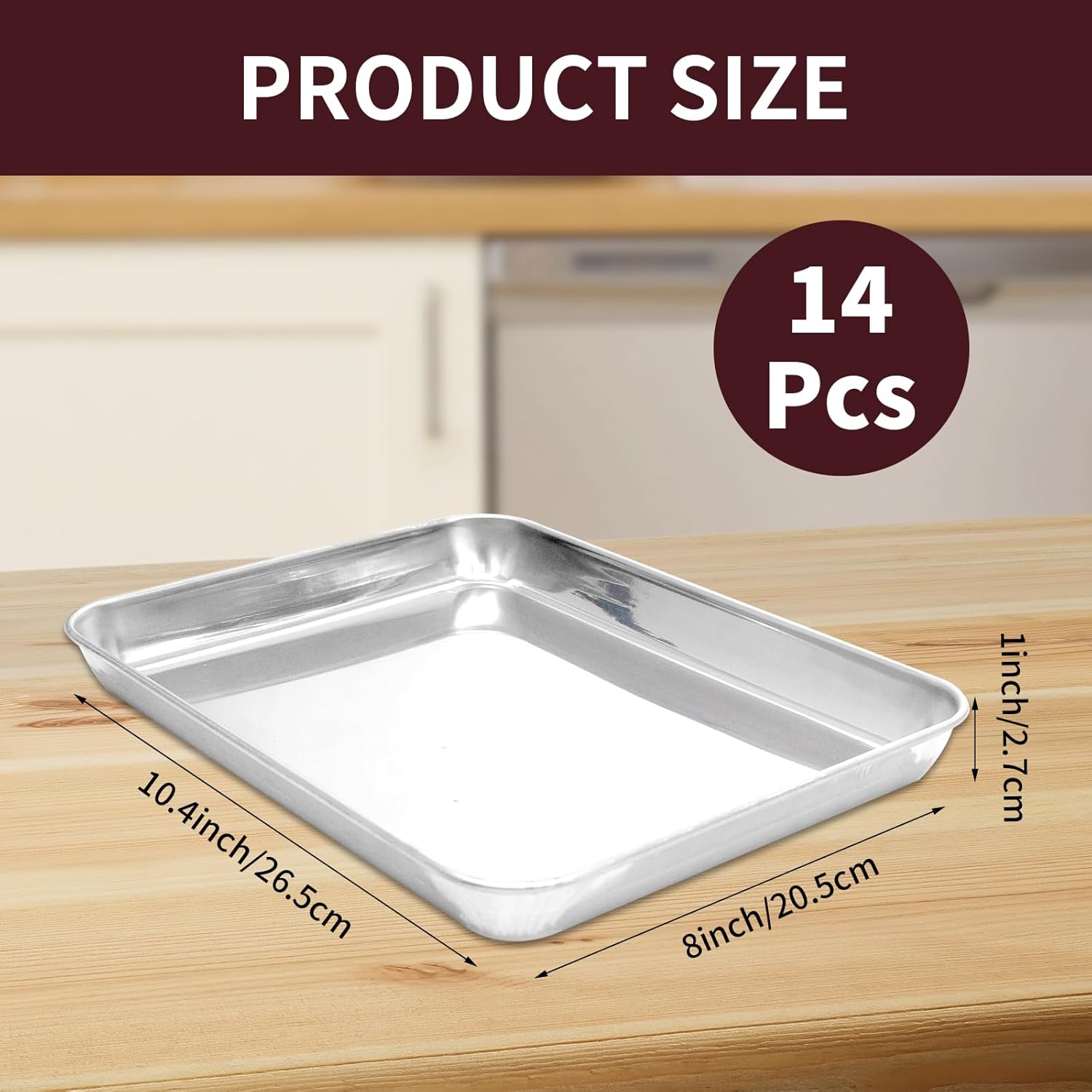 14 Pieces Baking Sheet Pan Cookie Sheet Set for Oven Stainless Steel Trays Nonstick Small Serving Tray Cake Toaster Metal Food Trays, for Oven and Dishwasher(10 x 8 x 1 Inch)