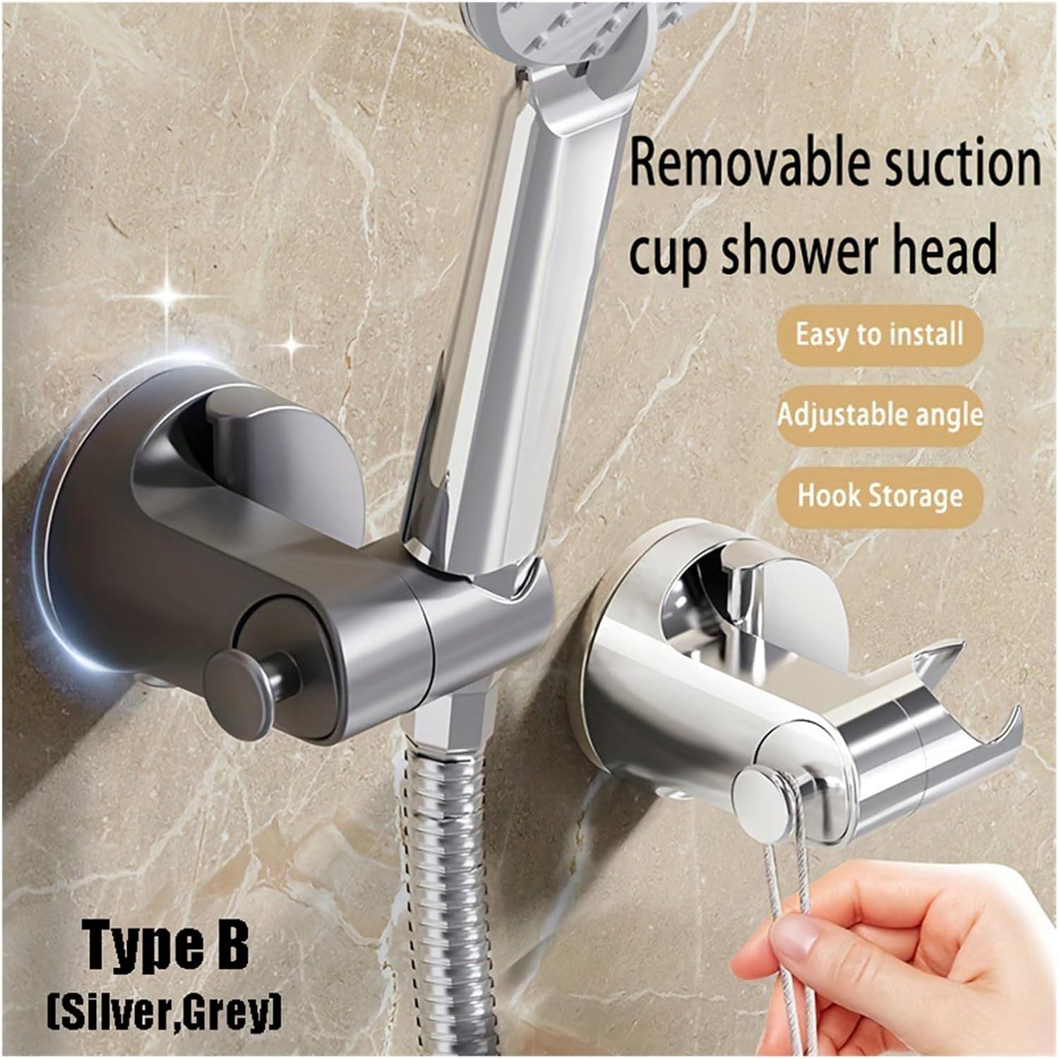 1pcs Self-Adhesive Wall Mount Adjustable Shower Head Holder(Type B (Silver))