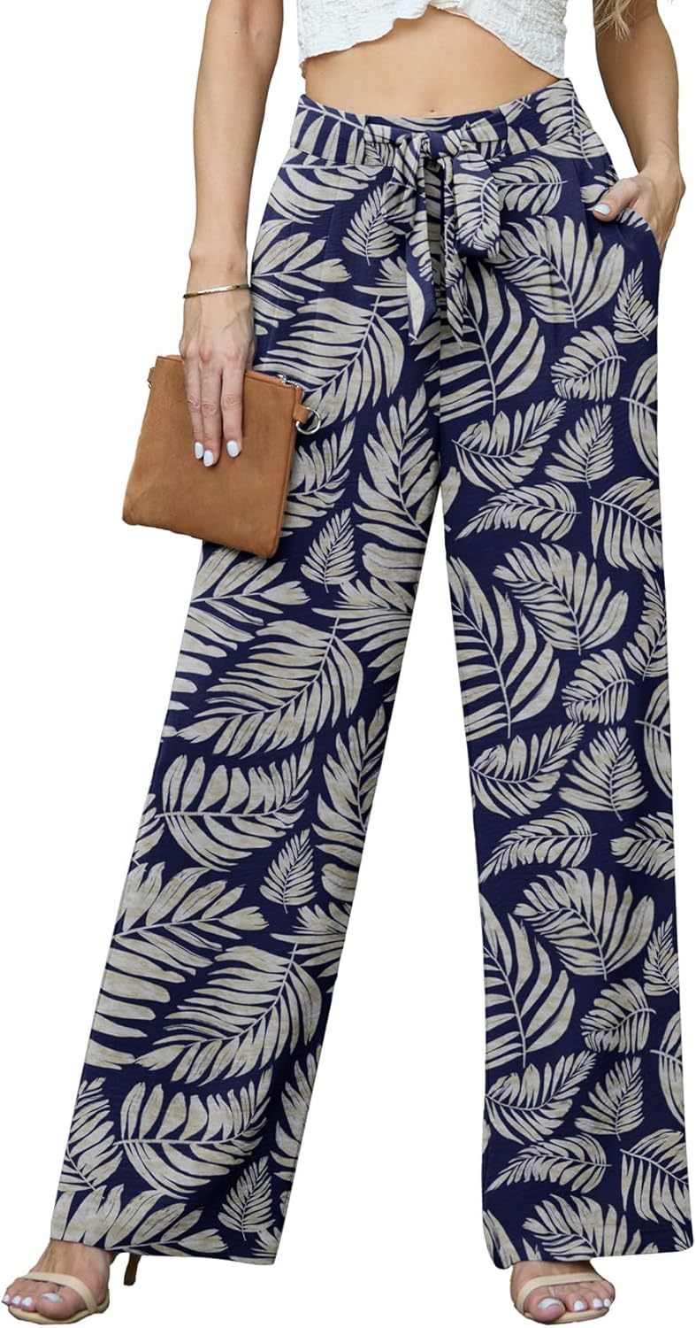 Lepunuo Women's High Waisted Wide Leg Flowy Pants Casual Palazzo Pants Work Adjustable Tie Knot Pants with Pockets