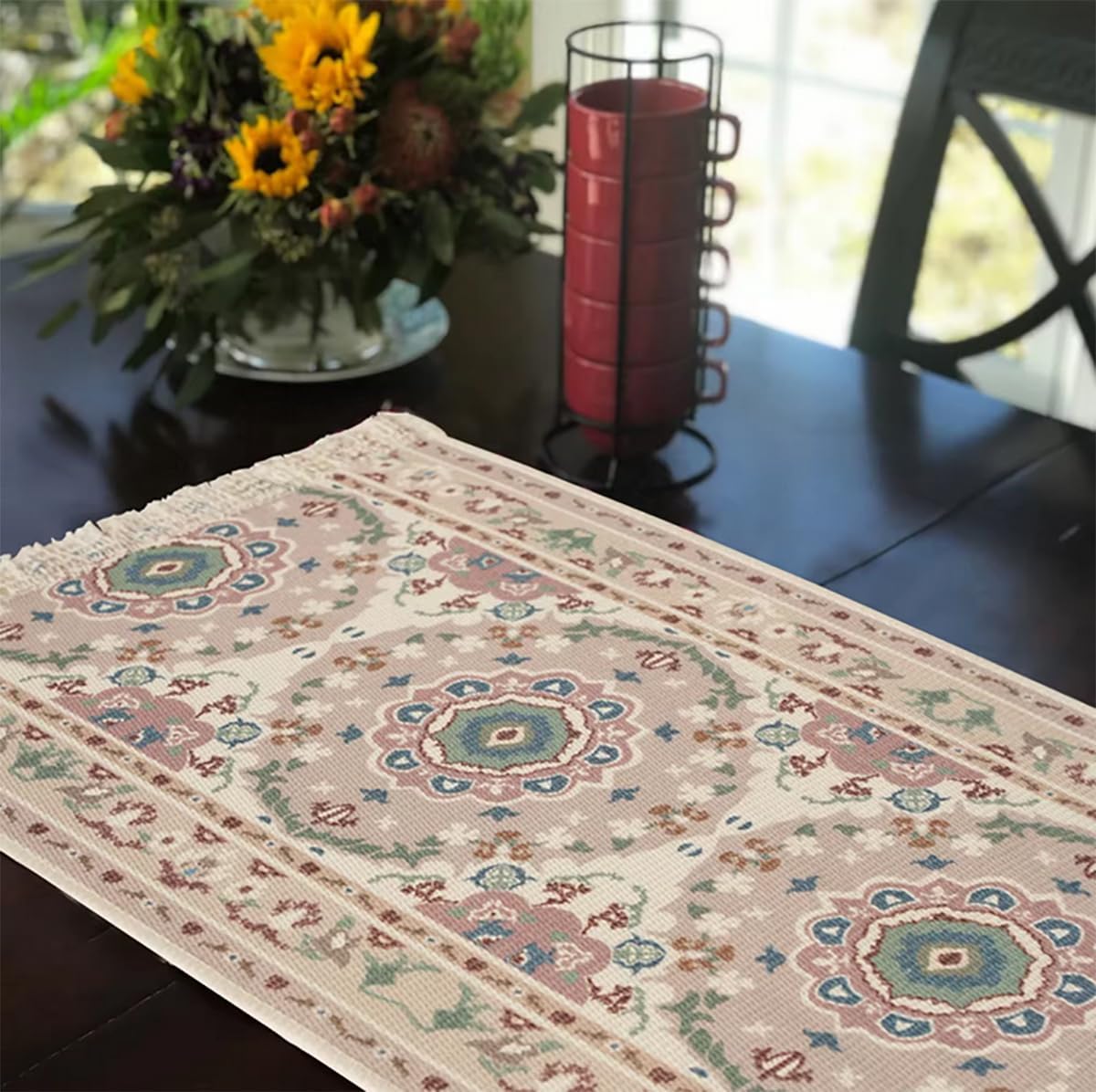 Fennco Styles Grey Floral Print Tassel Cotton Blend Woven Table Runner 14" W x 71" L - Unique Botanical Design Table Cover for Home Décor, Dining Table, Banquets, Family Gathering and Special Events
