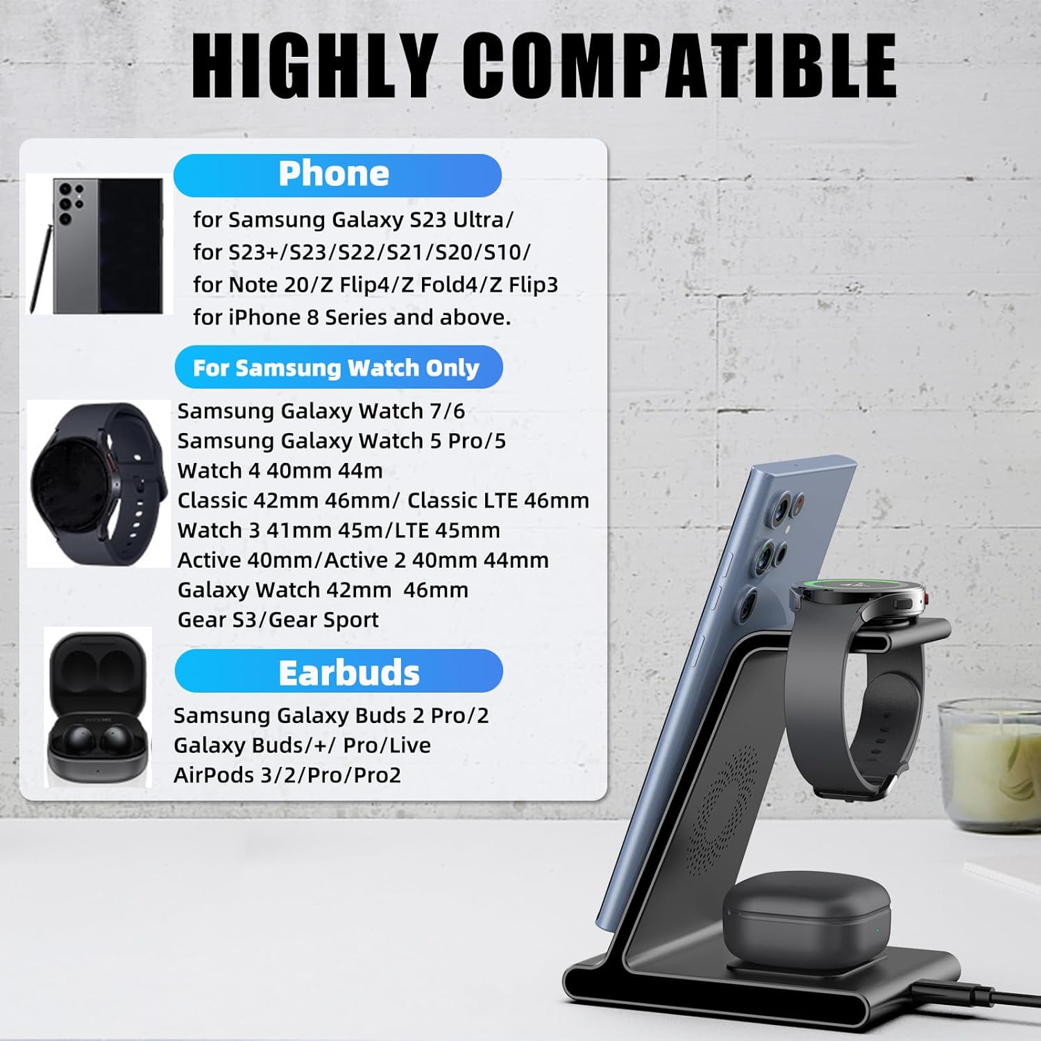 Wireless Charger for Samsung Charging Station, 3 in 1 Samsung Wireless Charger for Samsung Galaxy S24 Ultra/S23 Ultra/Z Flip 5/Fold 5/Buds, Watch Charger for Galaxy Watch 6/5 Pro/4/3