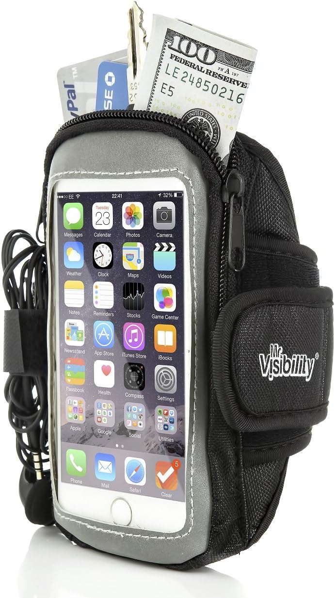 iPhone 6 Plus Armband for Running/Workout/Exercise. Sport 6 Plus Armband, Galaxy S5, Note 3/4, LG G3. Zipper Reflective iPhone Armbands for Keys, Cards, with Earphones Holder by Mr Visibility