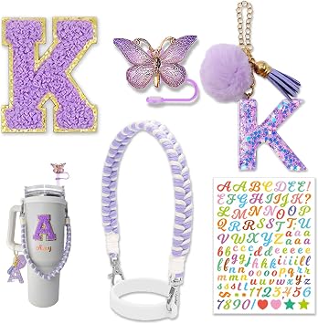 Cup Accessories Set for Stanley Cup 30oz 40oz, Water Bottle Cup Handle Strap Letter Charms Sticker & Butterfly Straw Cover Topper Purple K