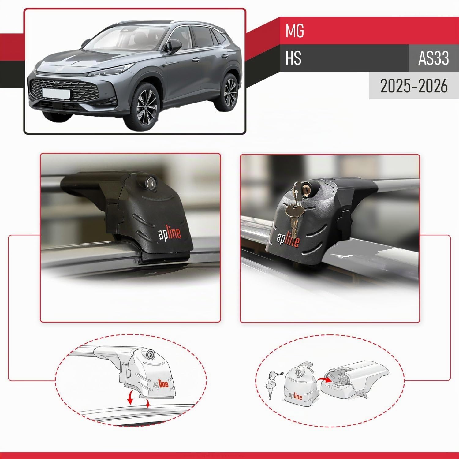 Compatible con MG HS (AS33) 2025-2026 Modelo Ace-2 Barra de Techo Auto Portaequipajes Barras Transversales Gris Aluminio 2 Barras
