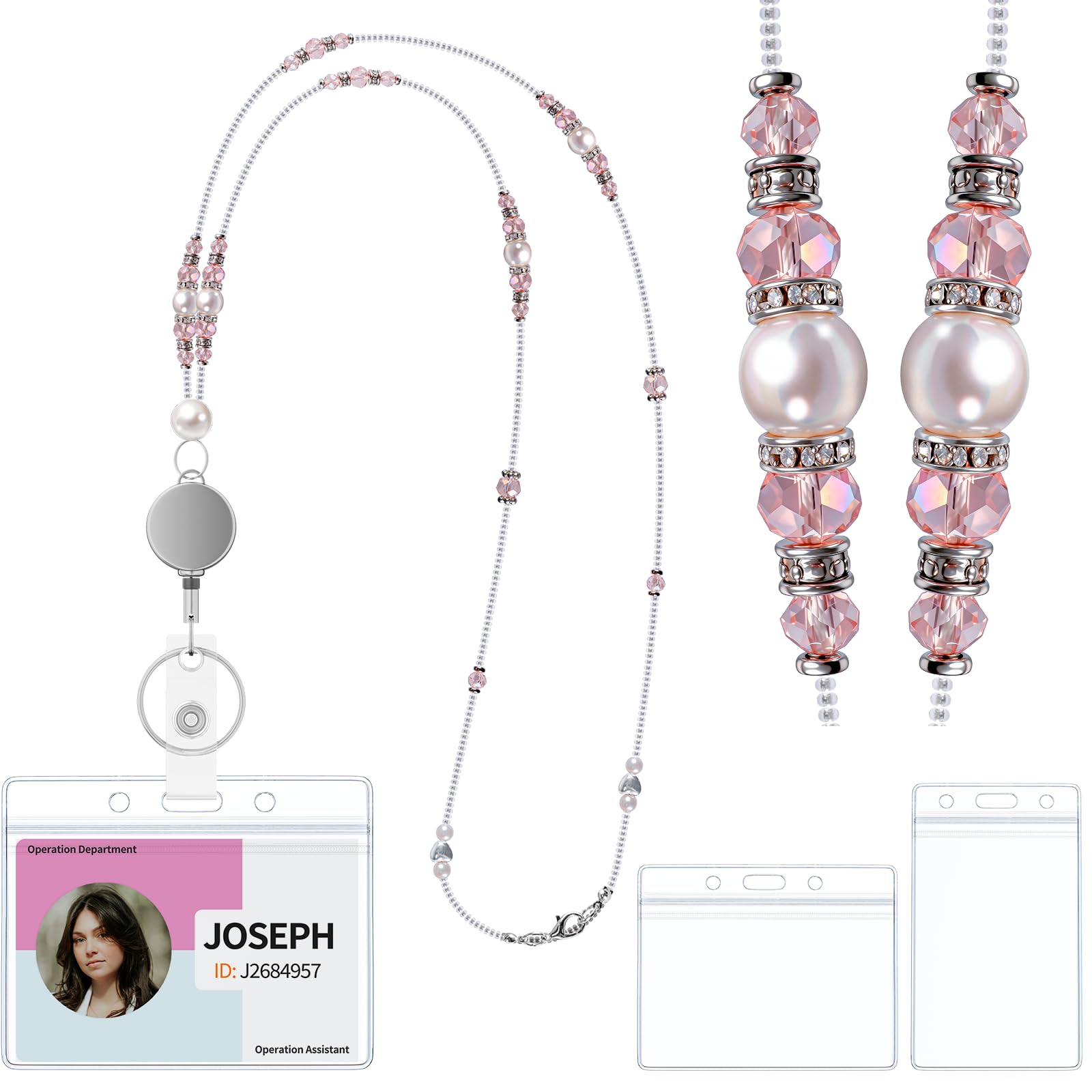 Uniclife Pink Lanyards for ID Badges and Keys, Retractable Badge Lanyard with Badge Reel and ID Holder, Graceful Pearls and Crystals