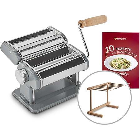 Manuelle Nudelmaschine Nonna, Edelstahl, Pastamaker inkl. Rezeptheft, Nudeltrockner & 3 Schneideaufsätze für Spaghetti, Lasagne, Tagliatelle - Grau