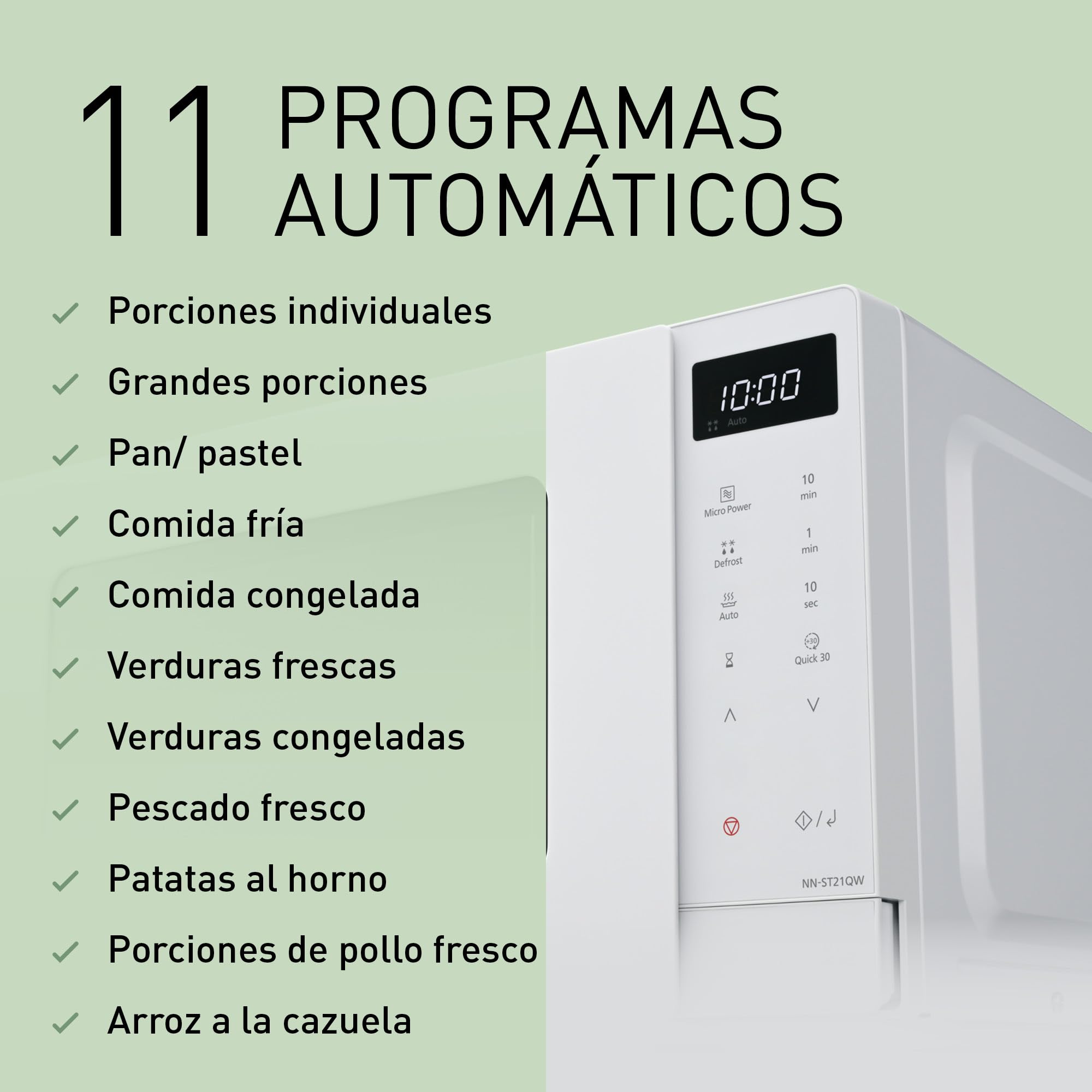 Panasonic NN-ST21QWEPG Solo Horno Microondas 20L con Bandeja de Vidrio, 800 W, Descongelación Automática, 11 Programas Automáticos, Pantalla LED, 5 Ajustes de Potencia, Temporizador Digital, Blanco