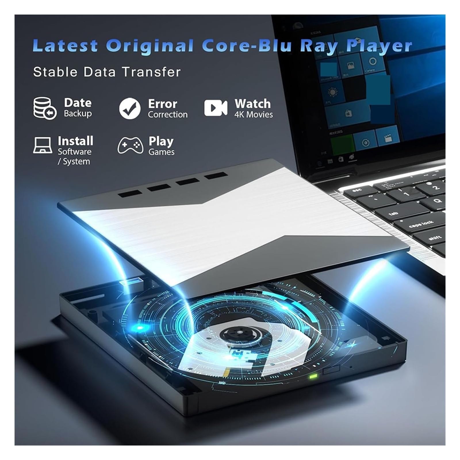 Lettore DVD portatile, Lettore Blu-ray esterno 4K for laptop USB 3.0/lettore CD/DVD RW/masterizzatore