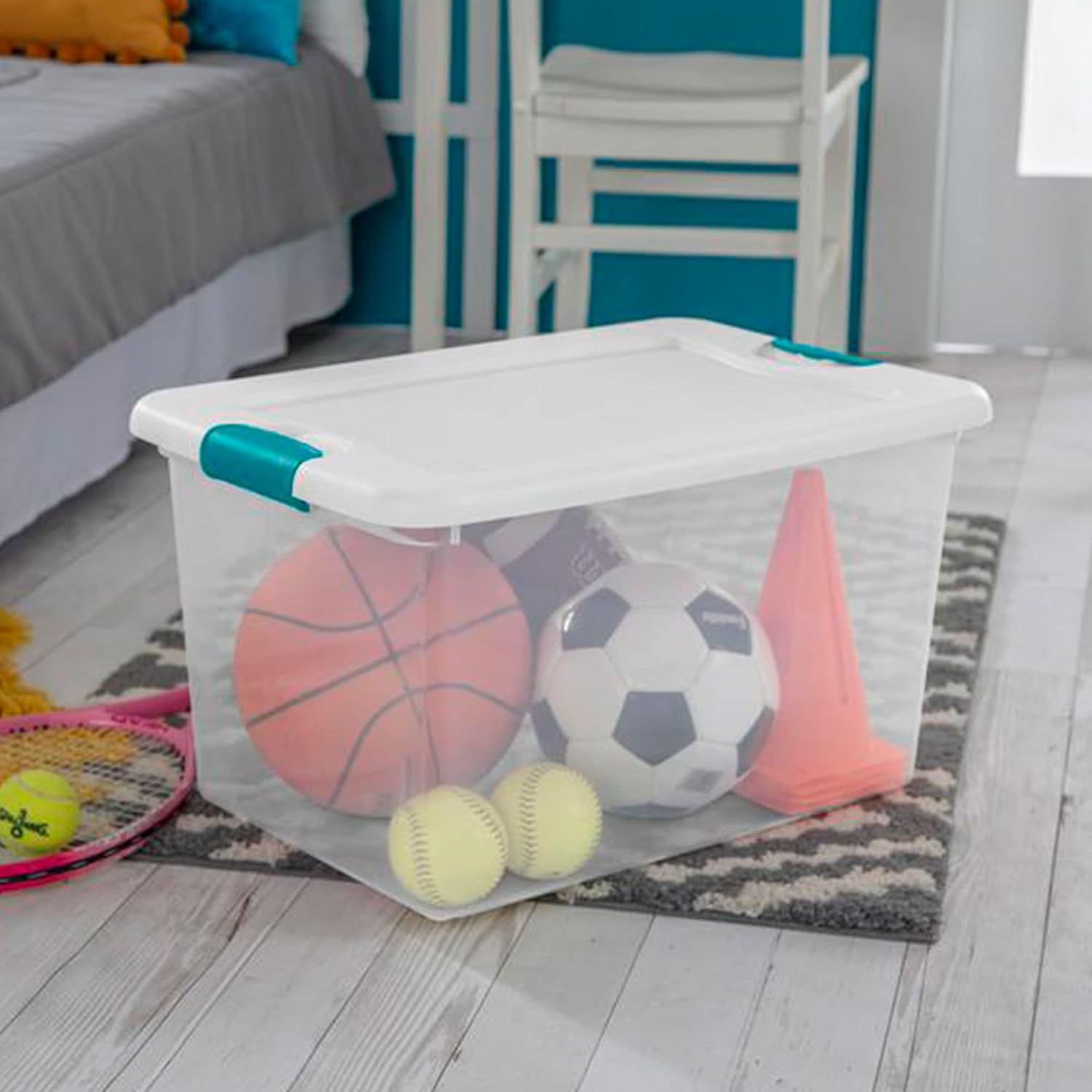 Sterilite 64 Qt Latching Storage Box, Stackable Bin with Latch Lid, Organize Clothes, Blankets, Sports Items in Closet, Clear with White Lid, 1-Pack