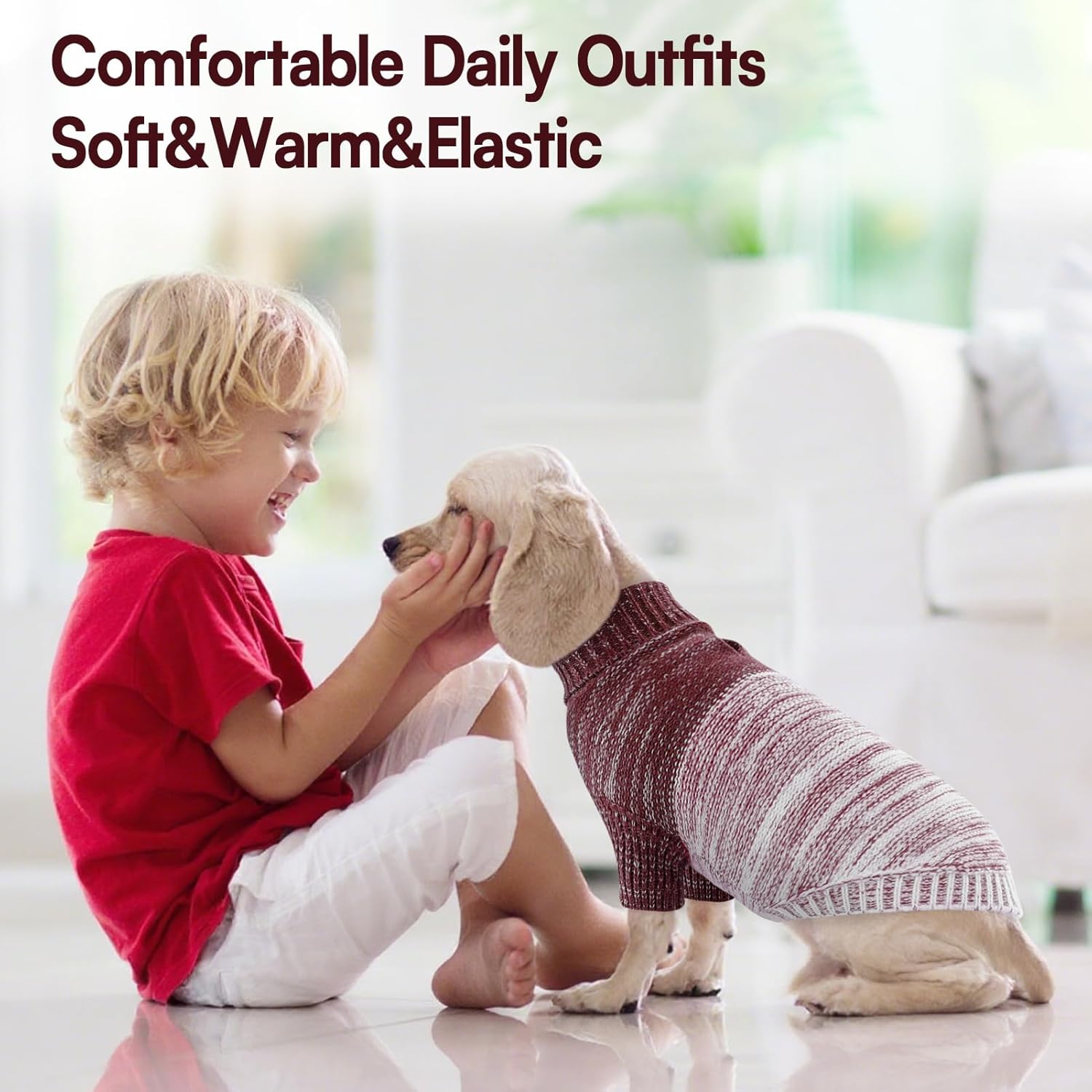 Queenmore Knitted Pullover Dog Sweater, Turtleneck Pet Cat Sweater, Cold Weather Puppy Clothes Stitching Knitwear with Leash Hole for Small Medium Dogs(Purple,M)
