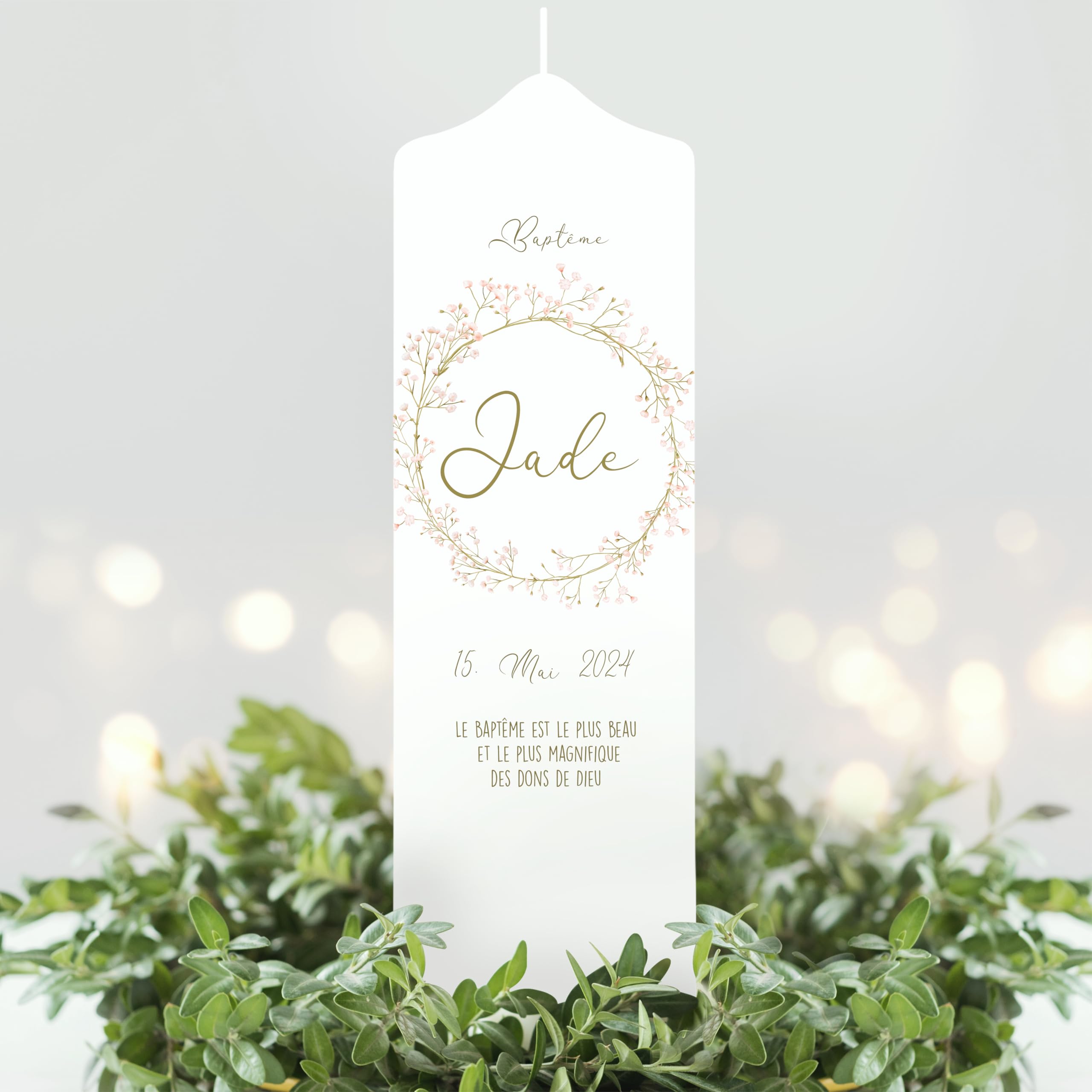 Bougie Baptême personnalisée Fille Garçon motif Couronne de gypsophile – Cierge Baptême avec prénom, date et message – Bougie imprimée – cierge personnalisé – 25 x 7 cm