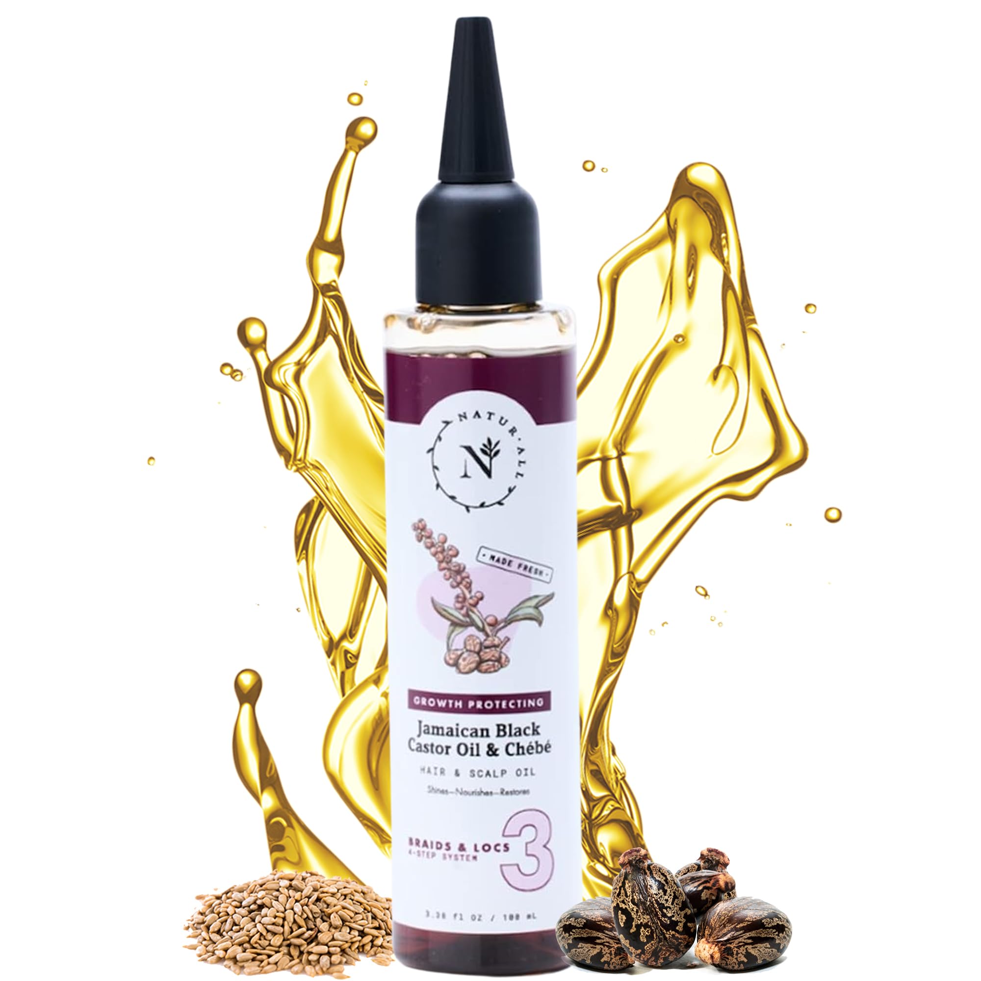 NaturAll 100% Natural Chebe & Jamaican Black Castor Oil for Hair Growth - Authentic Oil (from Chad) with Nozzle for Easy Application, 3.38 Oz