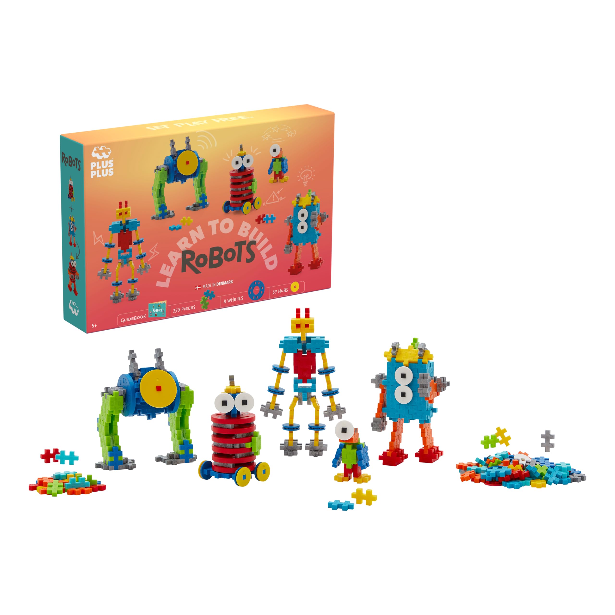 PLUS PLUS Building Blocks Toy - Learn to Build Robot Toy, 250 pcs with Colourful Wheels and Hubs, Guidebook Included, Kids Construction Toys, STEM Learning Resources - Girls and Boys Toys Age 5 Plus