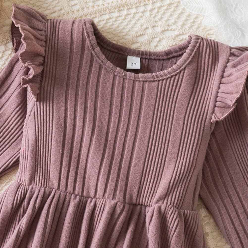 IBAKOM Vestido de otoño para niñas y niñas, de manga larga, con volantes, de punto acanalado, elegante, vestido de princesa, vestido de fiesta de Navidad, trajes de invierno