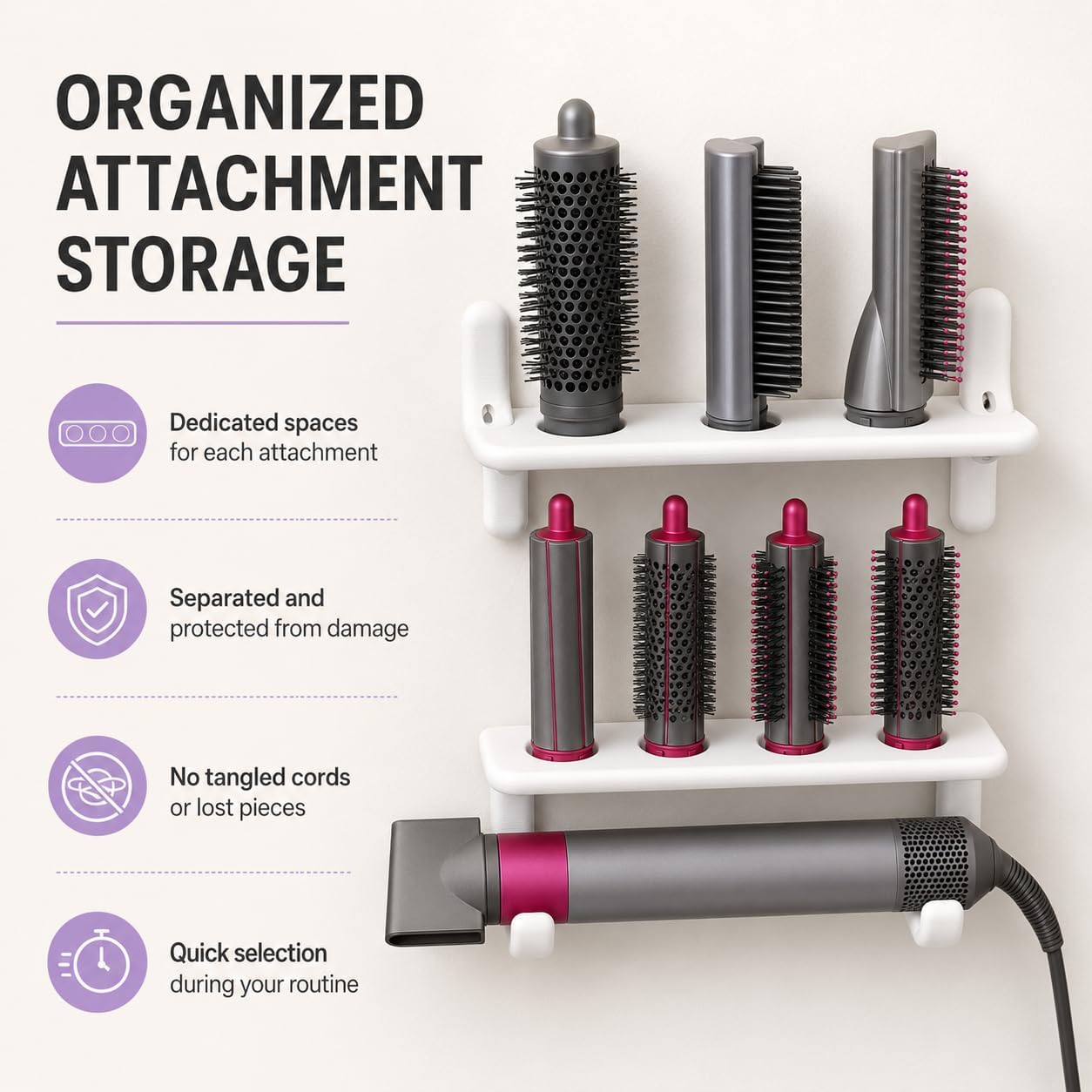 Hair Styling Tool Wall Mount Compatible with Dyson Airwrap – Space-Saving Storage Organizer | Holds Device and All Attachments | Easy Access Bathroom Shelf Rack