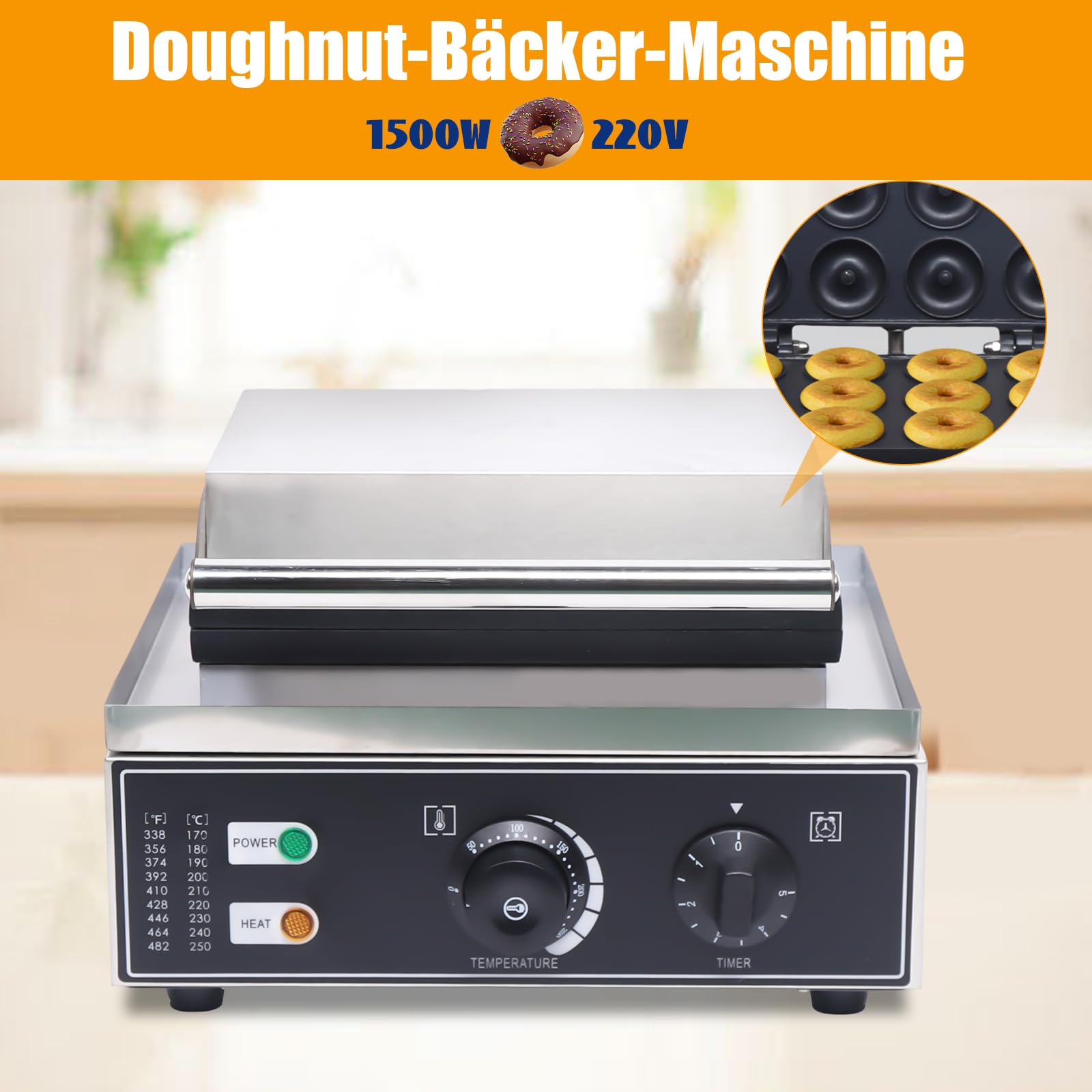 Elektrischer Donut Automat 1550W 12-Loch Backgerät mit Antihaft-Beschichtung Doppelseitige Heizung Edelstahl Gebäckmaschine für Haushalt Café 220V EU-Stecker