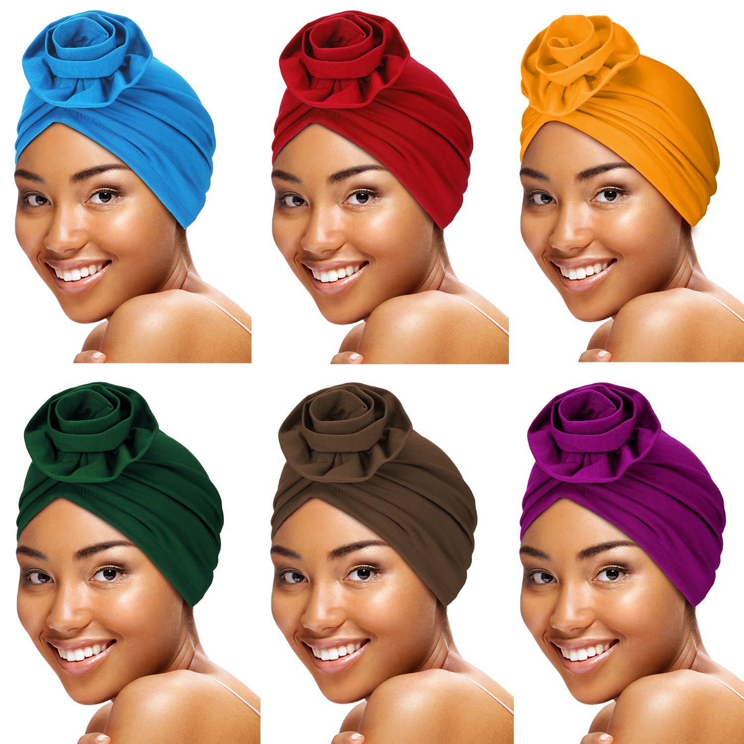 SATINIOR6 Pieces Women Turban African Pattern Headwrap Colorful Printed Pre-Tied Flower Knot Bonnet Hat for Women Girls