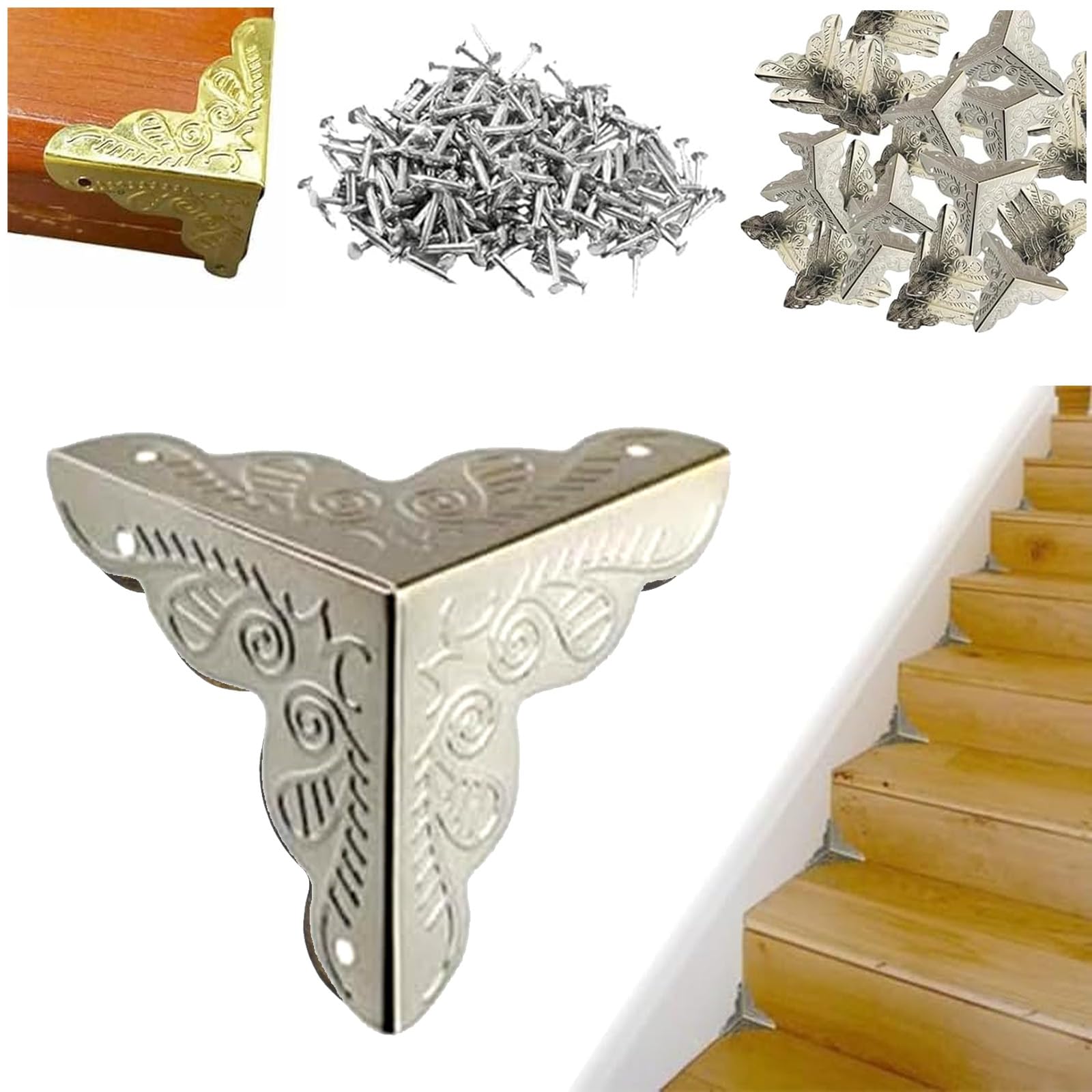 WEQEER Stair Corners - Decorative Dust Corners for Wooden Steps, Antique & Vintage Styles (100 Pieces, Silver)