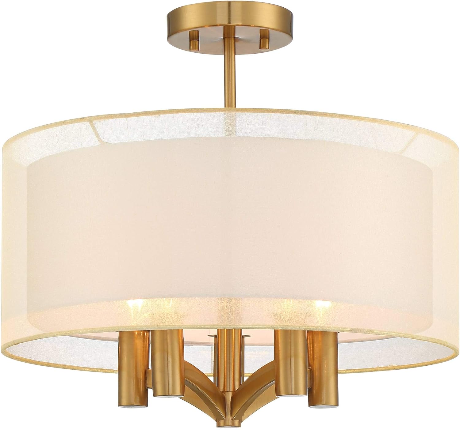 Warm Brass and White Drum Shade Semi Flush Mount Ceiling Light