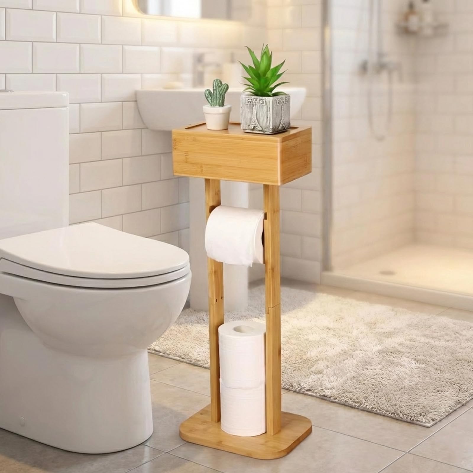 Portarrollos de papel higiénico de bambú de pie con estante, portarrollos de papel higiénico de madera independiente, soporte para rollo de papel higiénico para inodoro, soporte para rollo de papel